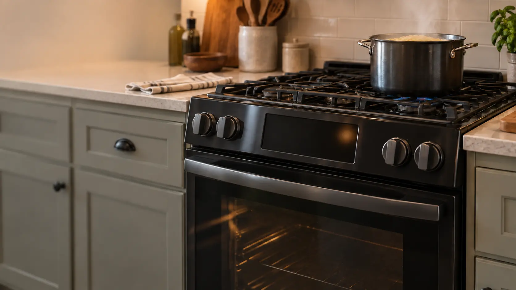 A close view of the control panel on a black slide-in stove in a US home kitchen, the display dark except for a faint blurred glow at one side, a pot of pasta steaming on a back burner above it.