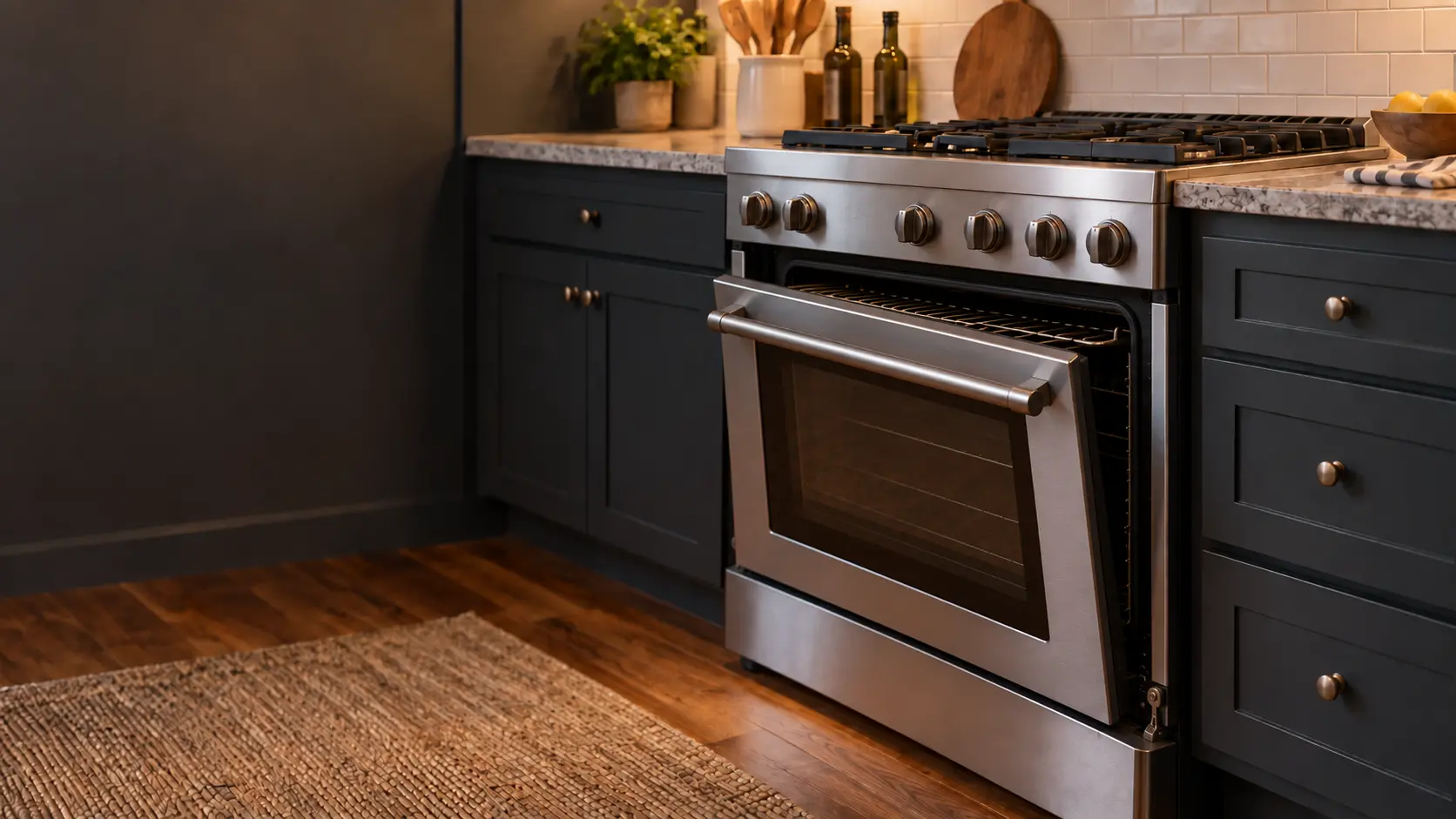 A US home kitchen with a stainless freestanding stove, its oven door hanging open a few inches and sitting crooked on one hinge, an oven rack pulled halfway out behind it.