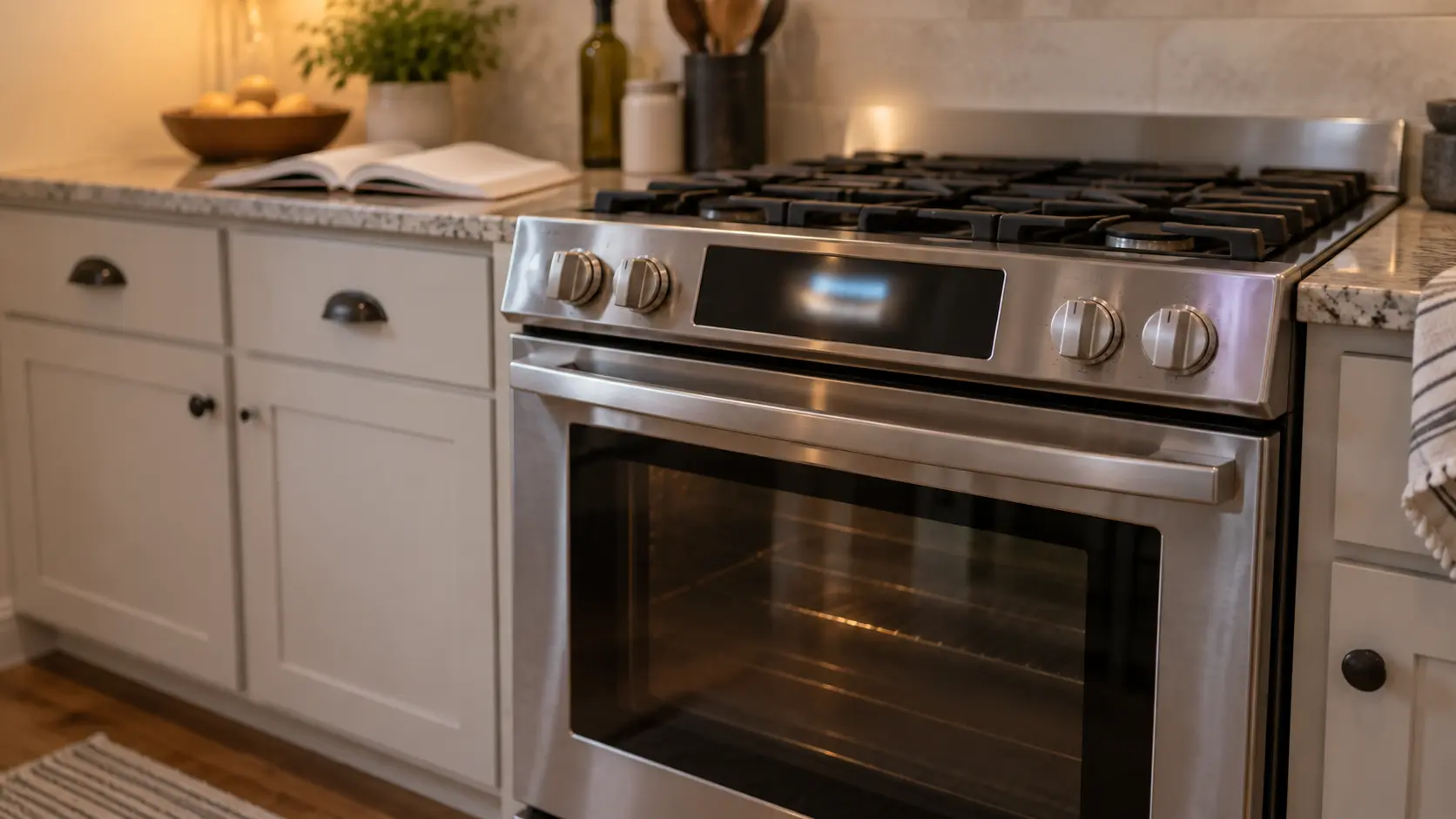 A close view of the glowing display on a stainless slide-in stove in a US home kitchen, a blurred unreadable message shining on it and an owner's manual lying open on the counter beside the stovetop with out-of-focus pages.