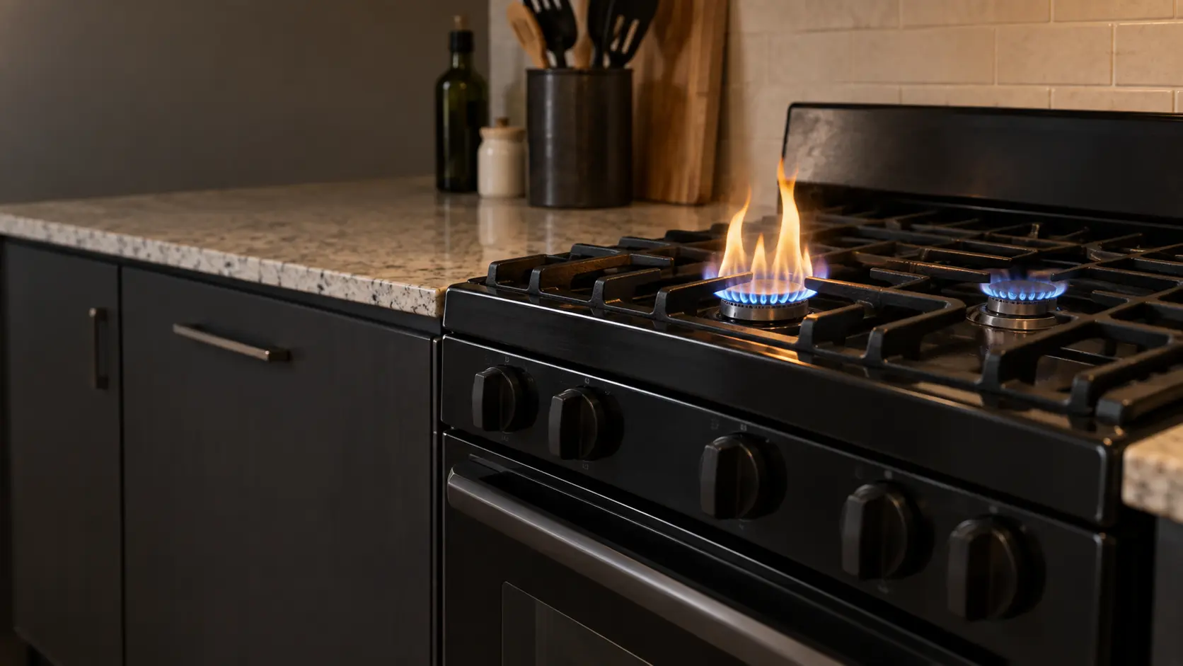 A close side view of a black gas stove's front burner in a US home kitchen, burning with a tall, lazy yellow-tipped flame beside another burner with a small, crisp blue flame, both under empty grates.