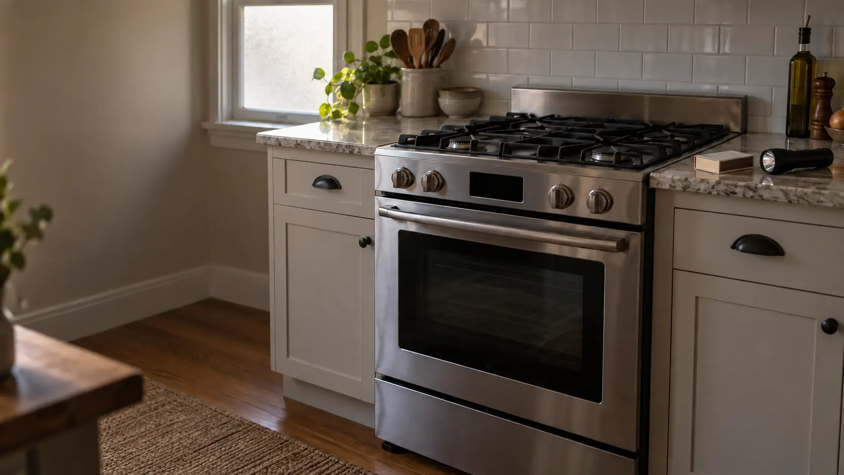 A US home kitchen during a power cut, a stainless freestanding gas stove lit only by daylight from the window, its clock dark and every burner unlit, a box of long kitchen matches and a flashlight resting on the counter beside it.