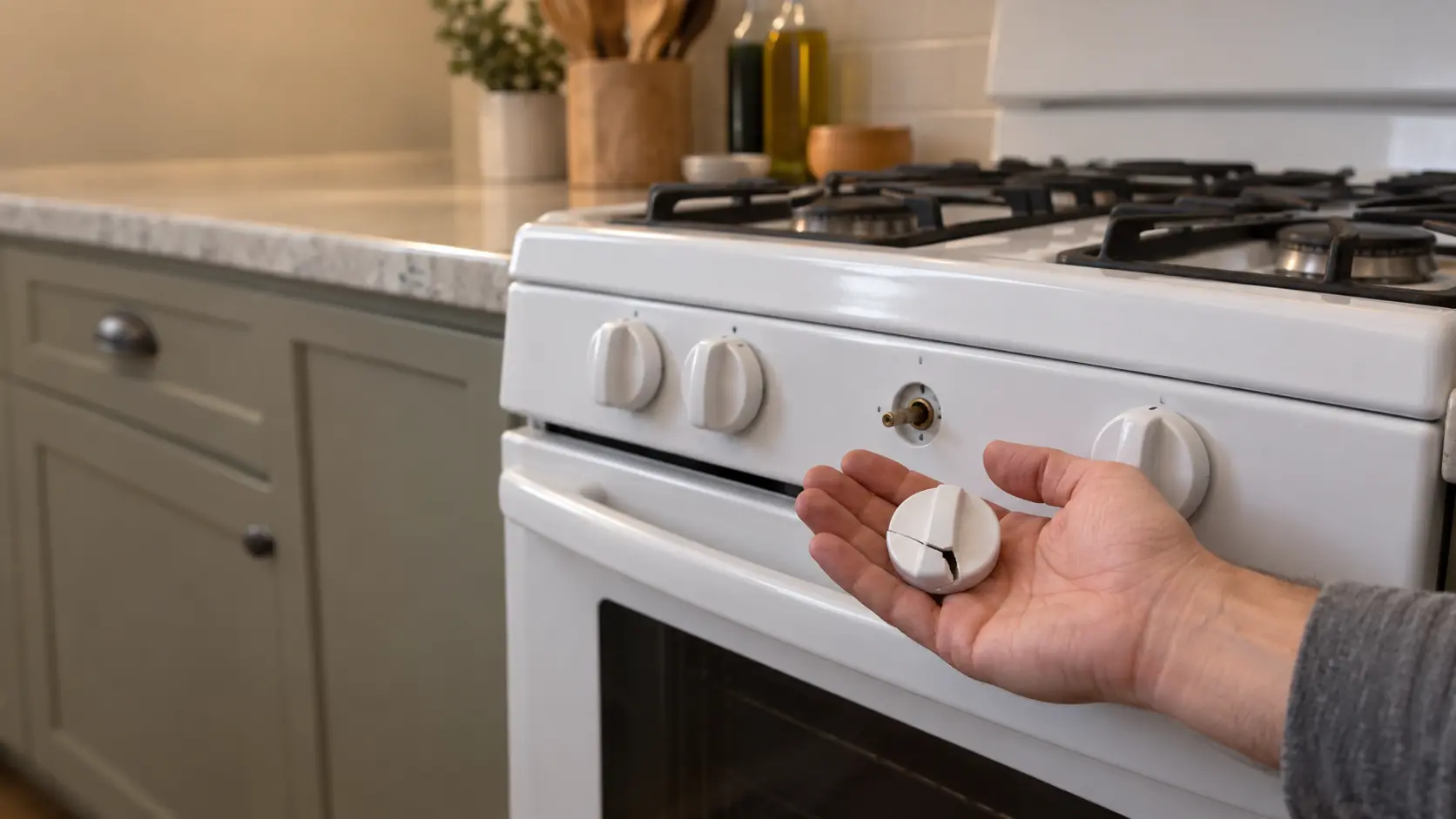 A close view of the front of a white freestanding stove in a US home kitchen, one knob missing to show the bare metal shaft, the cracked knob resting in an open palm held beside it, and the other knobs in place.