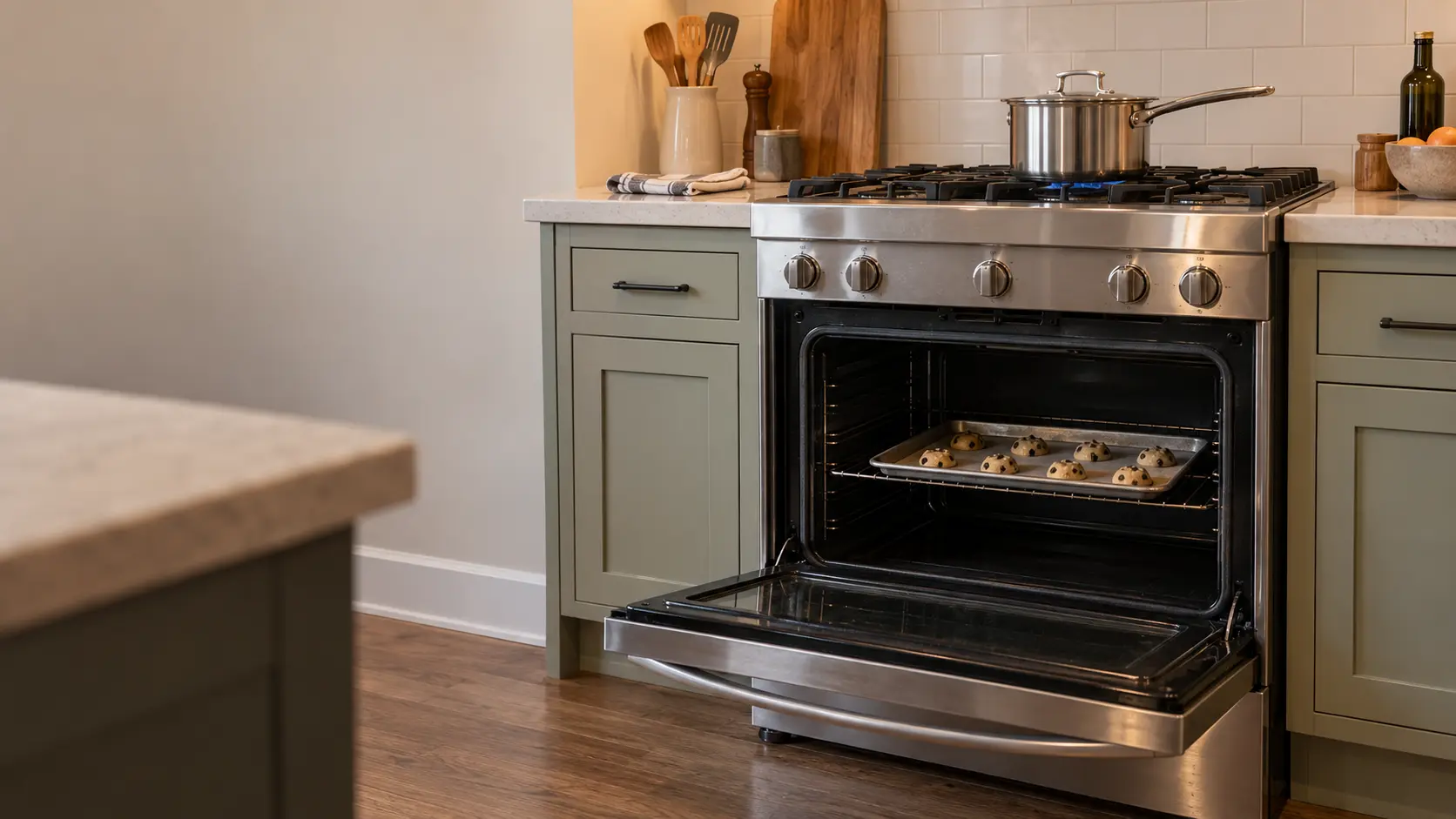 A US home kitchen with a stainless freestanding stove, a pot simmering on a burner on top while the oven door below is open and a sheet of unbaked cookies sits on the rack in a dark, cold oven.