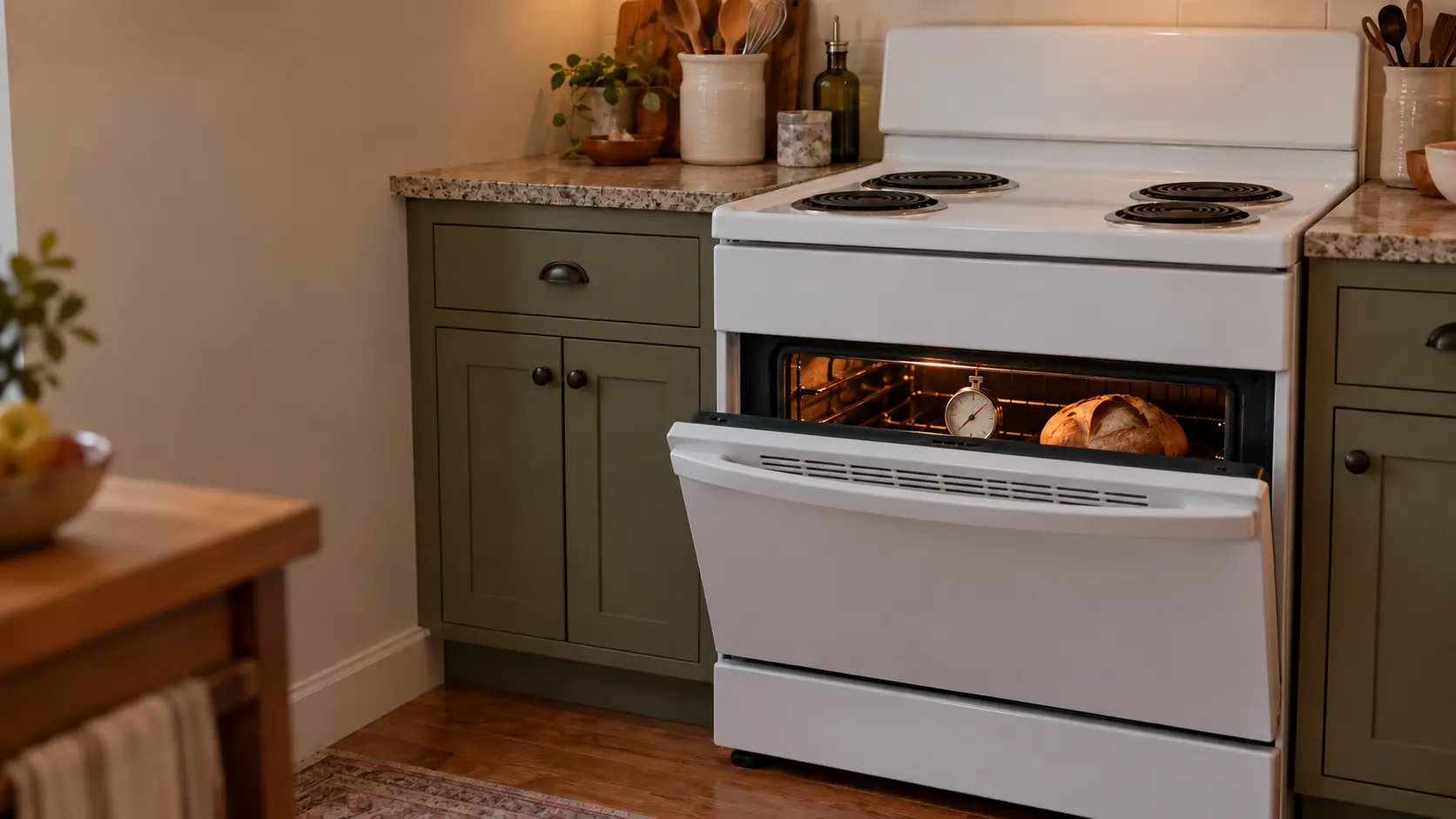 A US home kitchen with a white slide-in stove, its oven door open a few inches to show a round dial oven thermometer hanging from the middle rack beside a half-browned loaf of bread.