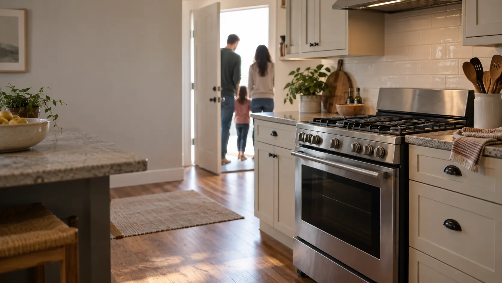 A quiet US home kitchen with a freestanding stainless gas stove against the wall, every burner dark and the grates bare, the back door standing open to the yard where a family waits together outside.