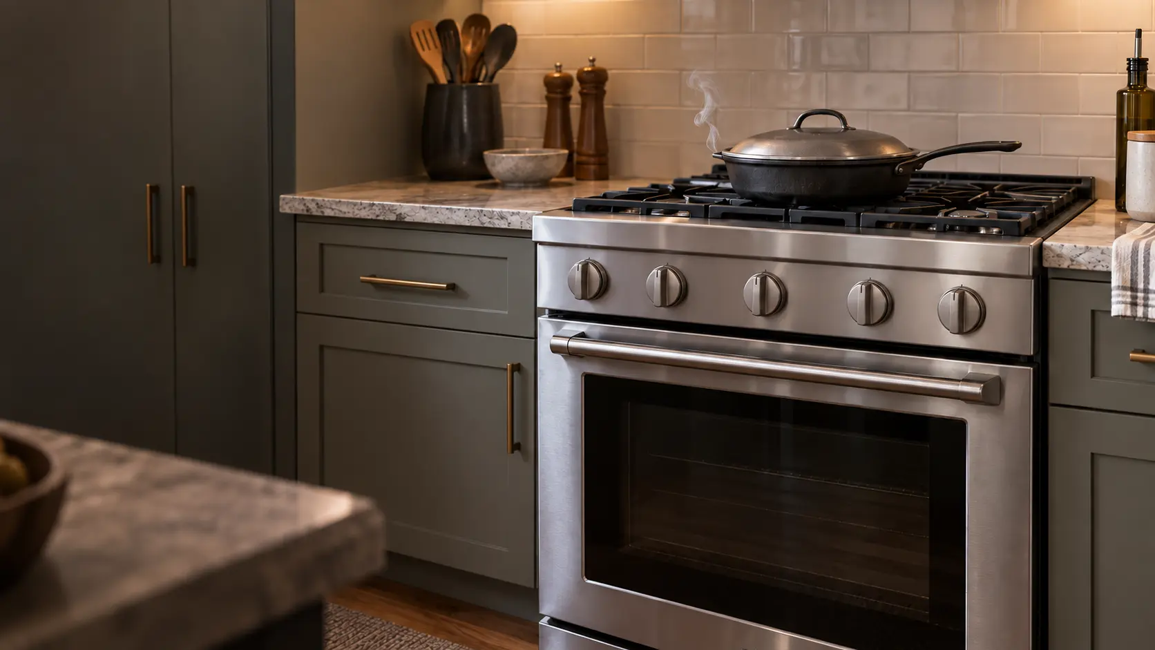 A US home kitchen with a stainless slide-in stove, a heavy lid resting on a skillet on a front burner, a thin trail of smoke rising from the edge of the lid, every knob turned off and no one standing at the stove.
