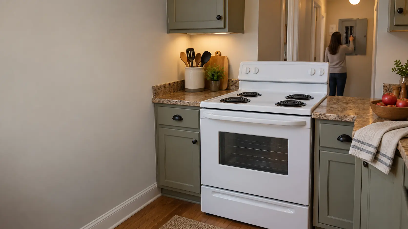 A US home kitchen with a white freestanding electric stove with coil burners, all burners dark, and in the hallway beyond a homeowner standing at an open breaker panel with a hand on a switch, far from the stove.