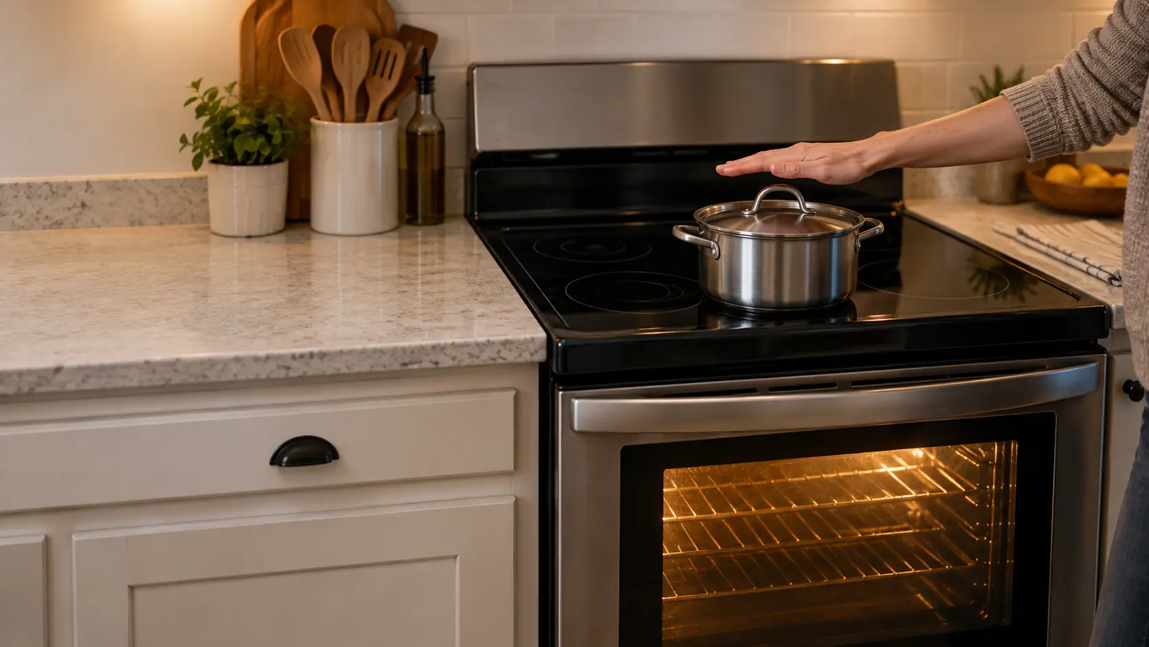 A US home kitchen with a black smooth-top electric stove, a pot of water sitting still on a dark front circle while the oven light glows below, a homeowner resting a hand flat above the pot lid to feel for warmth.