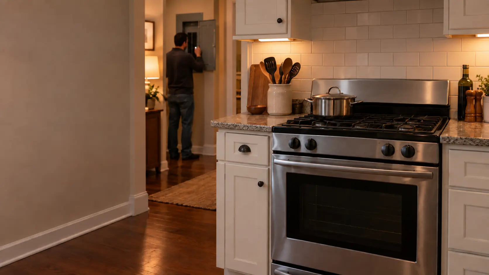 A US home kitchen in the evening with a stainless freestanding stove whose clock and knobs are completely dark, a cold pot sitting on a burner and a homeowner looking at an open breaker panel in the hallway beyond.