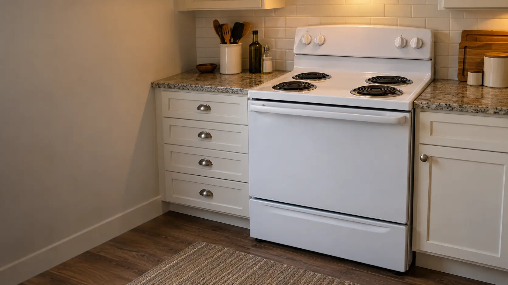 A white freestanding electric stove with four black coil burners and chrome drip pans stands against a tiled backsplash in a US apartment kitchen.