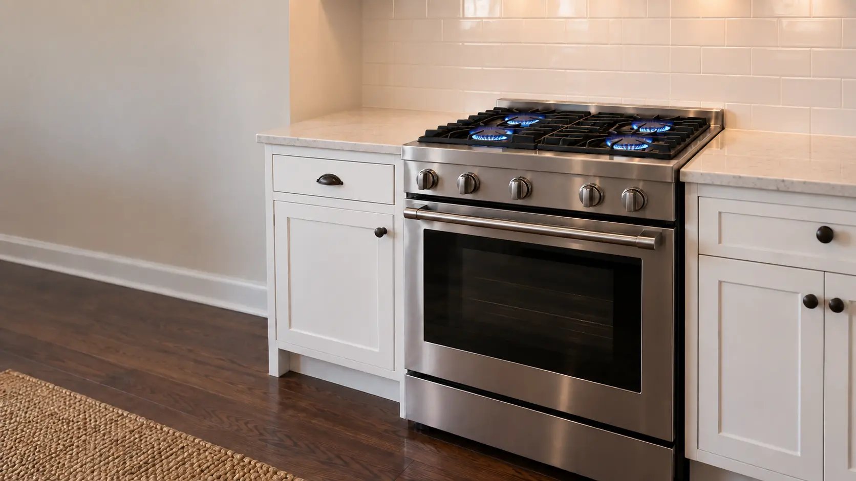 A freestanding stainless gas stove with four blue flames under black cast-iron grates stands between white cabinets in a US home kitchen.