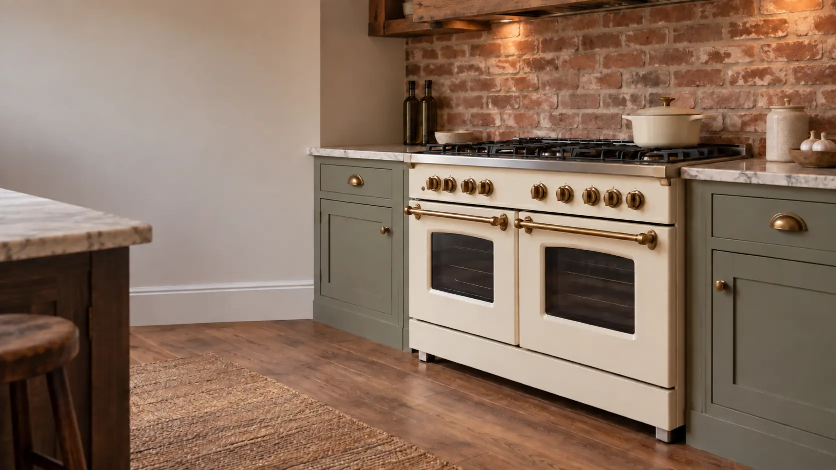 A cream enamel classic stove with brass rails, two side-by-side oven doors and heavy cast-iron grates stands against a brick wall in a US farmhouse kitchen.