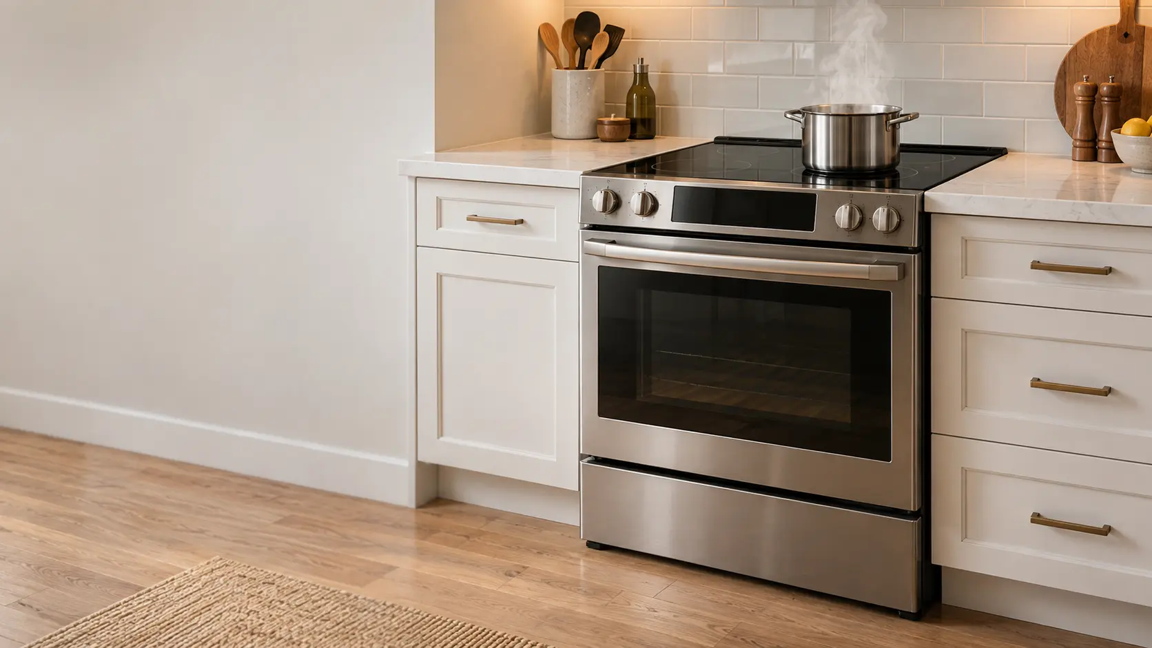 A slide-in induction stove with a black glass top sits flush between white quartz counters in a bright US home kitchen, a stainless pot steaming on one zone.