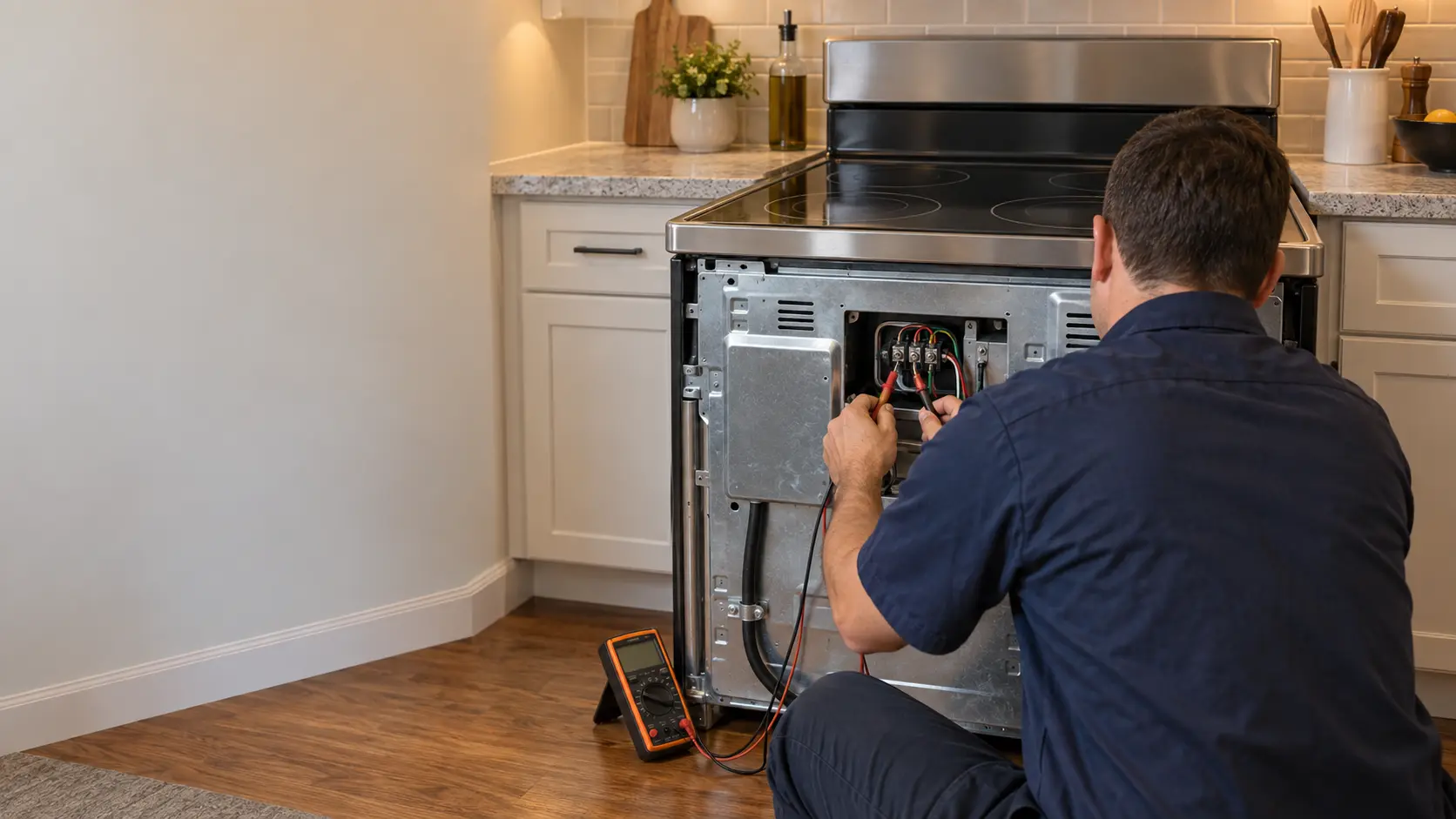 A repair technician in a plain navy work shirt kneeling at a stove with the back panel off, holding multimeter probes to a terminal block, face turned away.