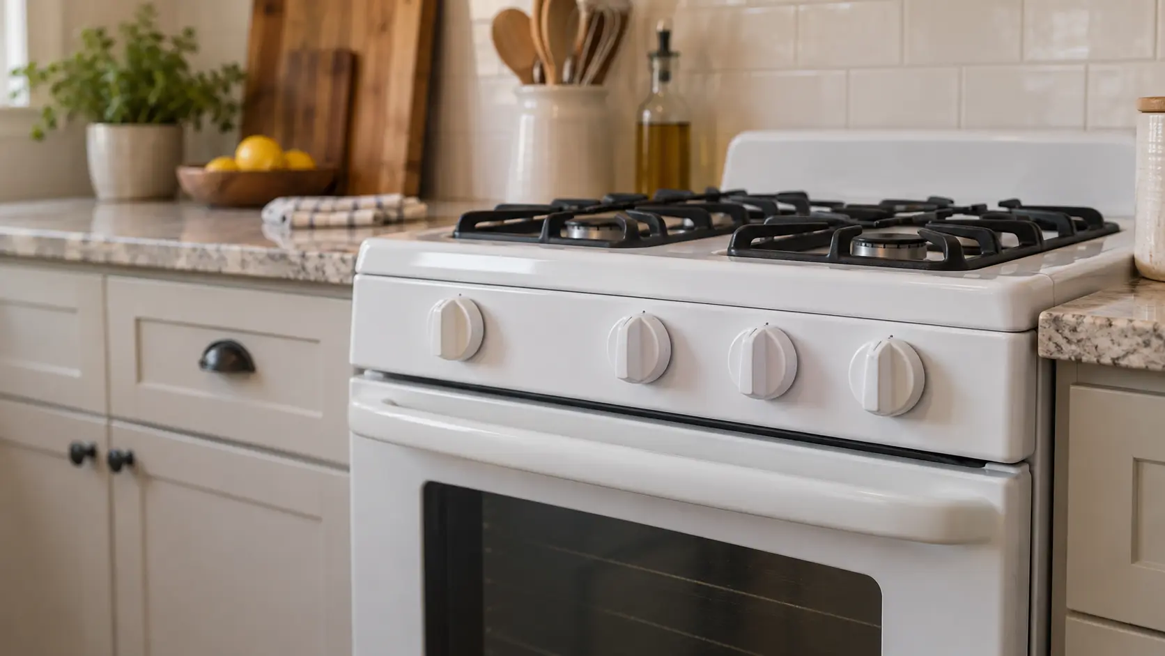 The row of front knobs on a white stove filling the frame, soft window light.