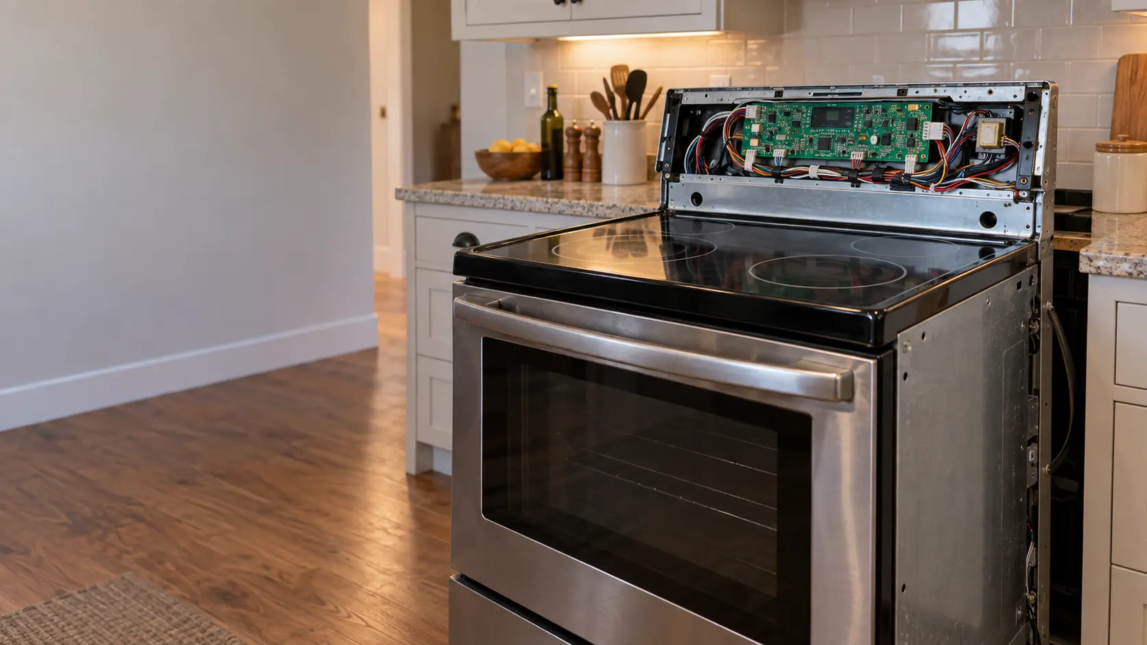 A freestanding stove pulled out from the wall with its back panel taken off, the green control board and its bundle of wires exposed behind the display.