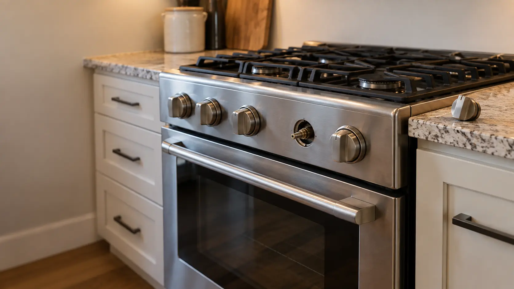 A hand pulling a knob straight off the front of a freestanding stove, the metal shaft of the burner switch showing behind it and the other knobs in a row.