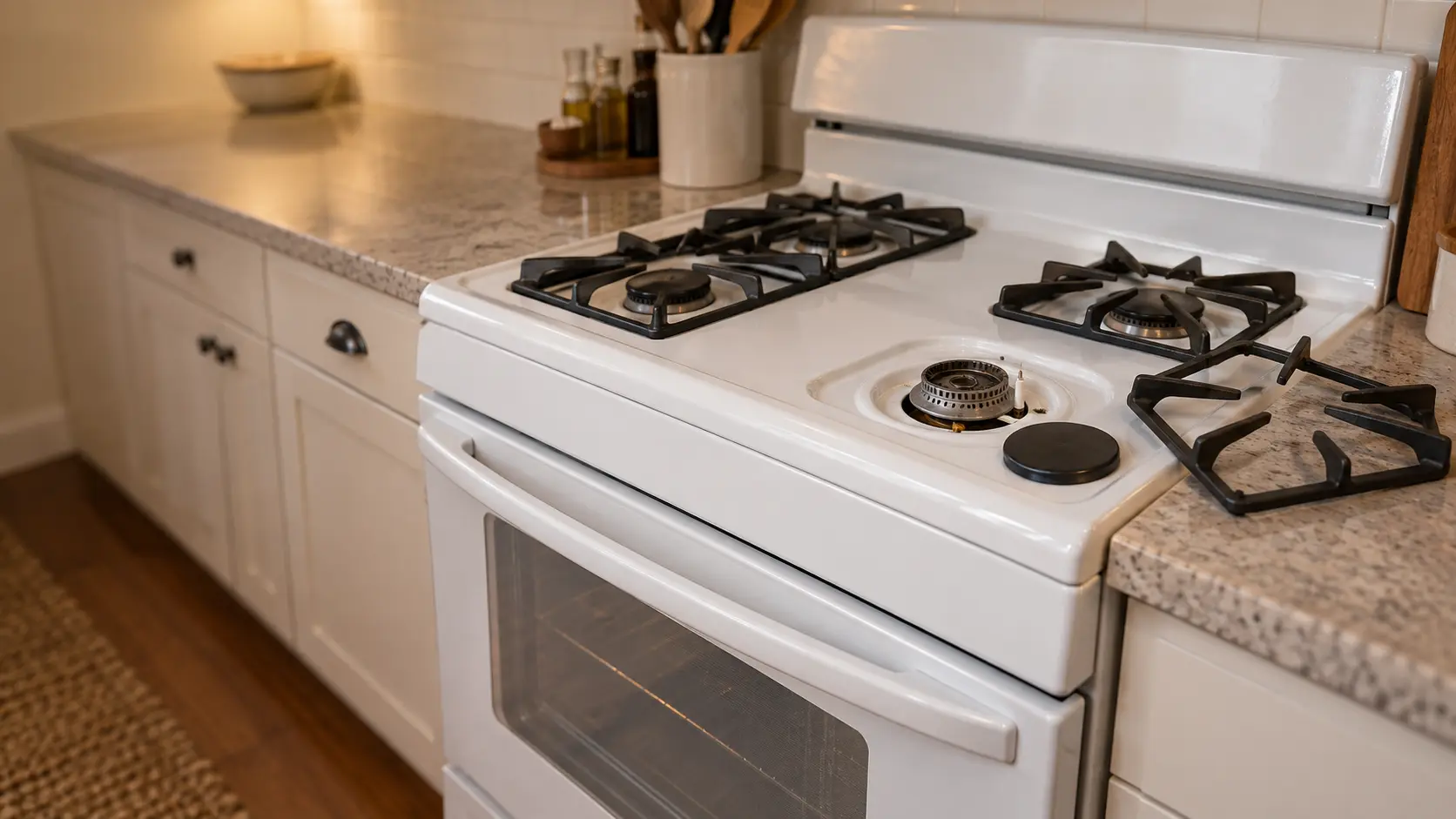 A front burner of a white gas stove with its grate lifted away and its cap set aside, the small white igniter standing beside the burner head on a clean enamel stovetop.