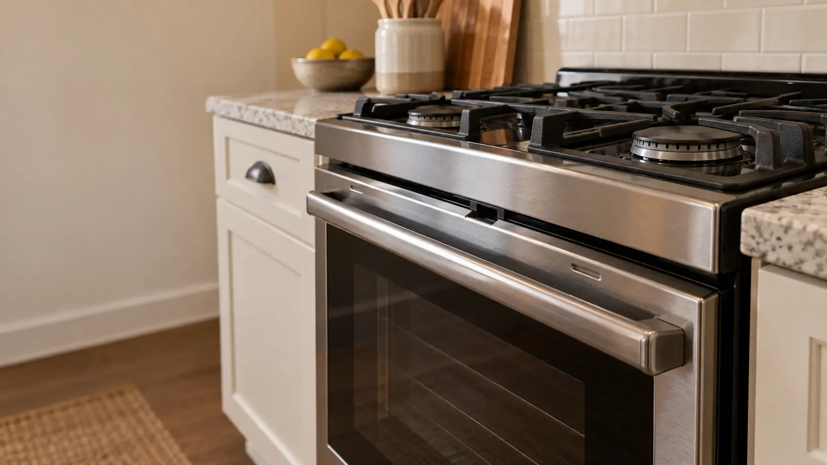The top edge of a stove's oven door and the latch opening in the frame above it, the door closed flush and the stovetop burners off overhead.