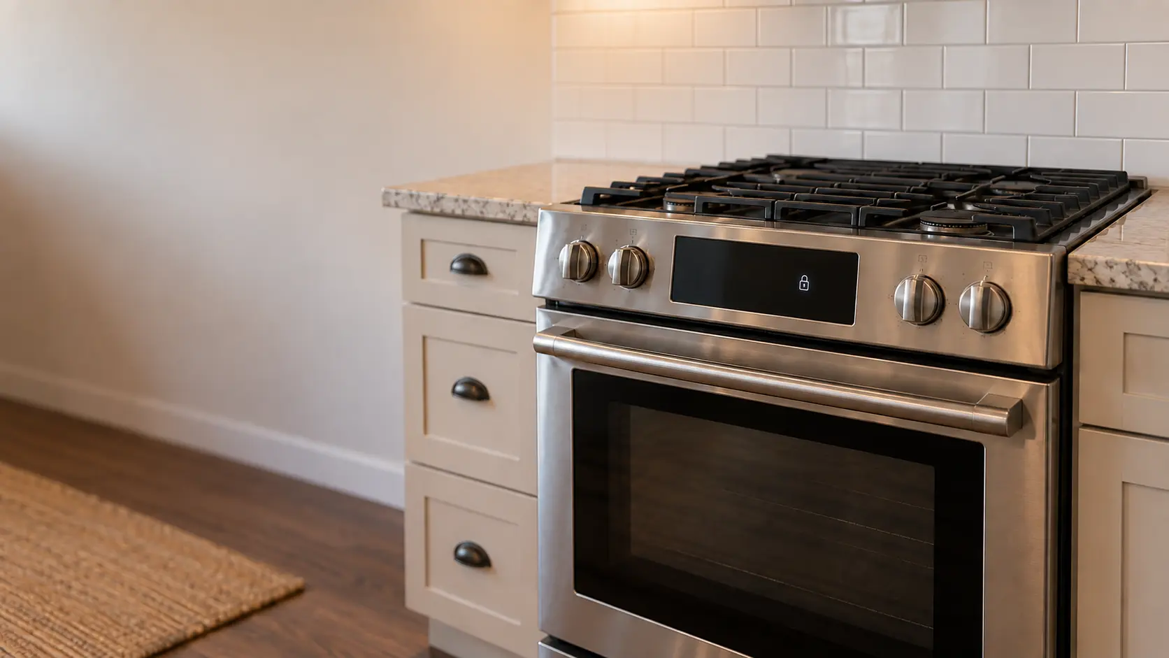 The control panel above the oven door of a stainless stove, a small padlock symbol lit on the display and every burner on the stovetop off and cold.