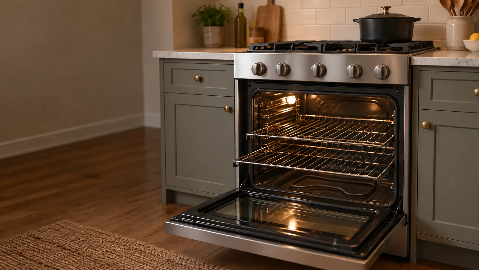 The open oven of a freestanding stove, the racks pulled out and the bake element along the floor of the oven dark and cold under the oven light.