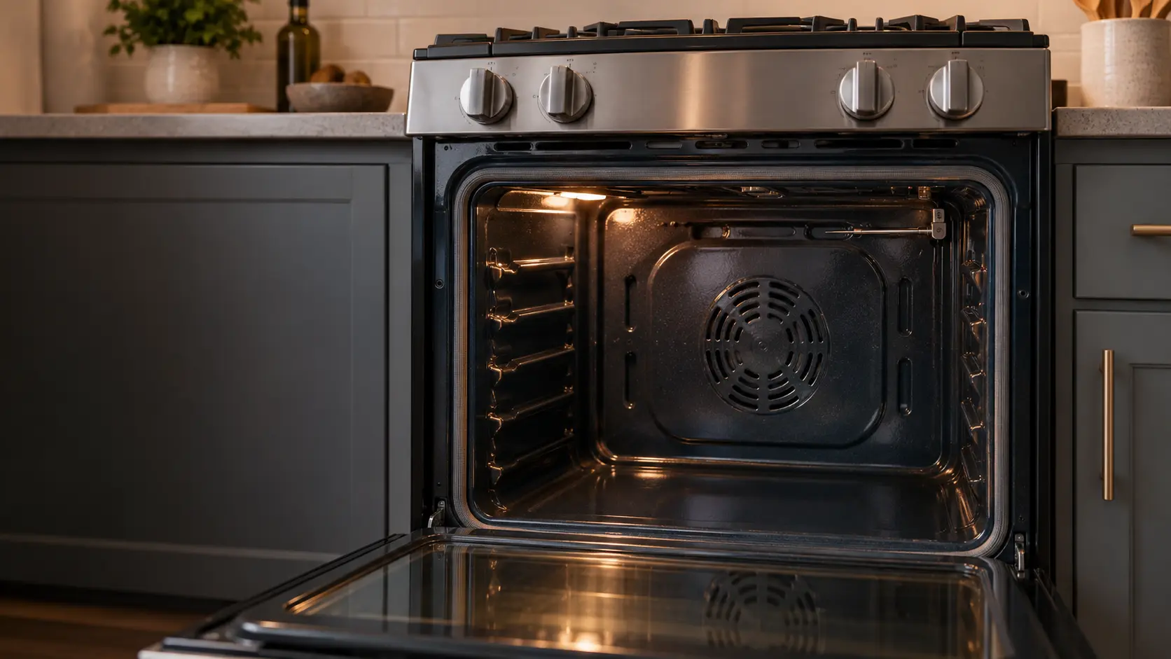 The back wall inside a stove's oven seen close with the racks removed, the slim metal temperature probe mounted near the upper corner.