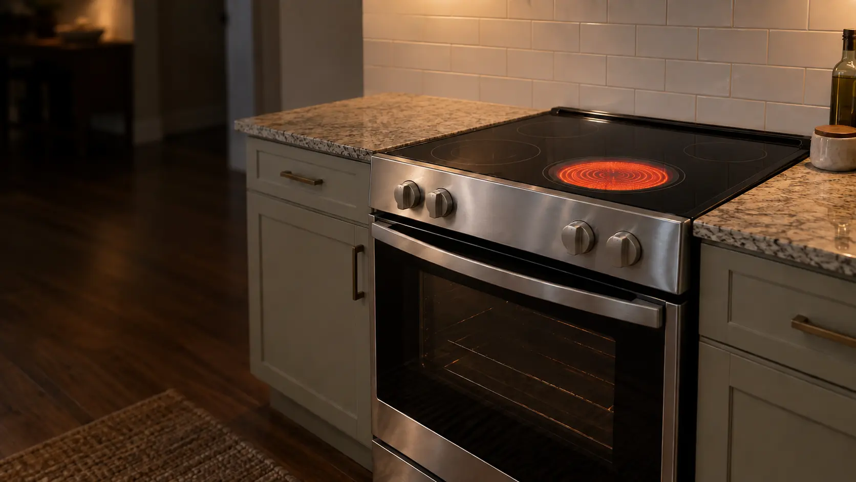A smooth black glass stovetop on a freestanding electric stove, the large front burner glowing orange through the glass while a hand hovers over the knob beneath it.