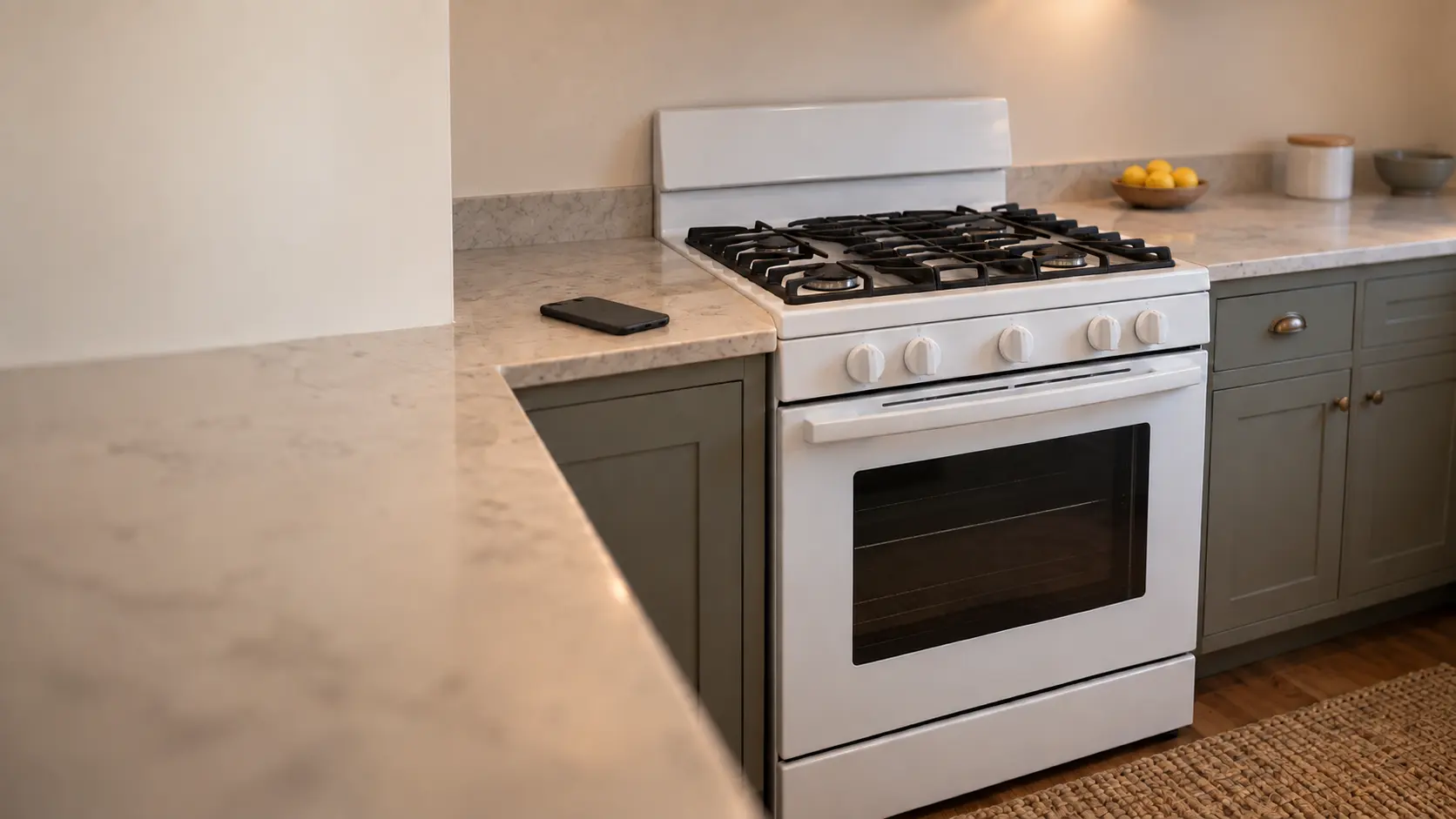 A kitchen counter with a phone lying face down beside a white stove, soft daylight.