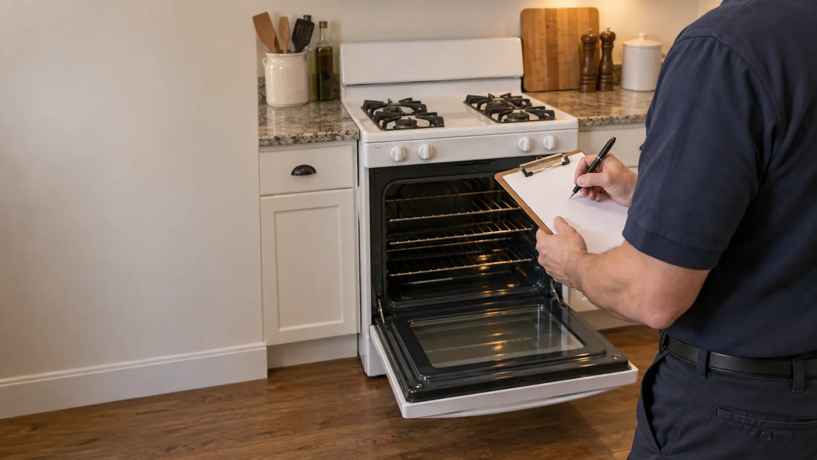 A technician writing on a blank clipboard beside a stove with its oven door open, the page empty of any writing.