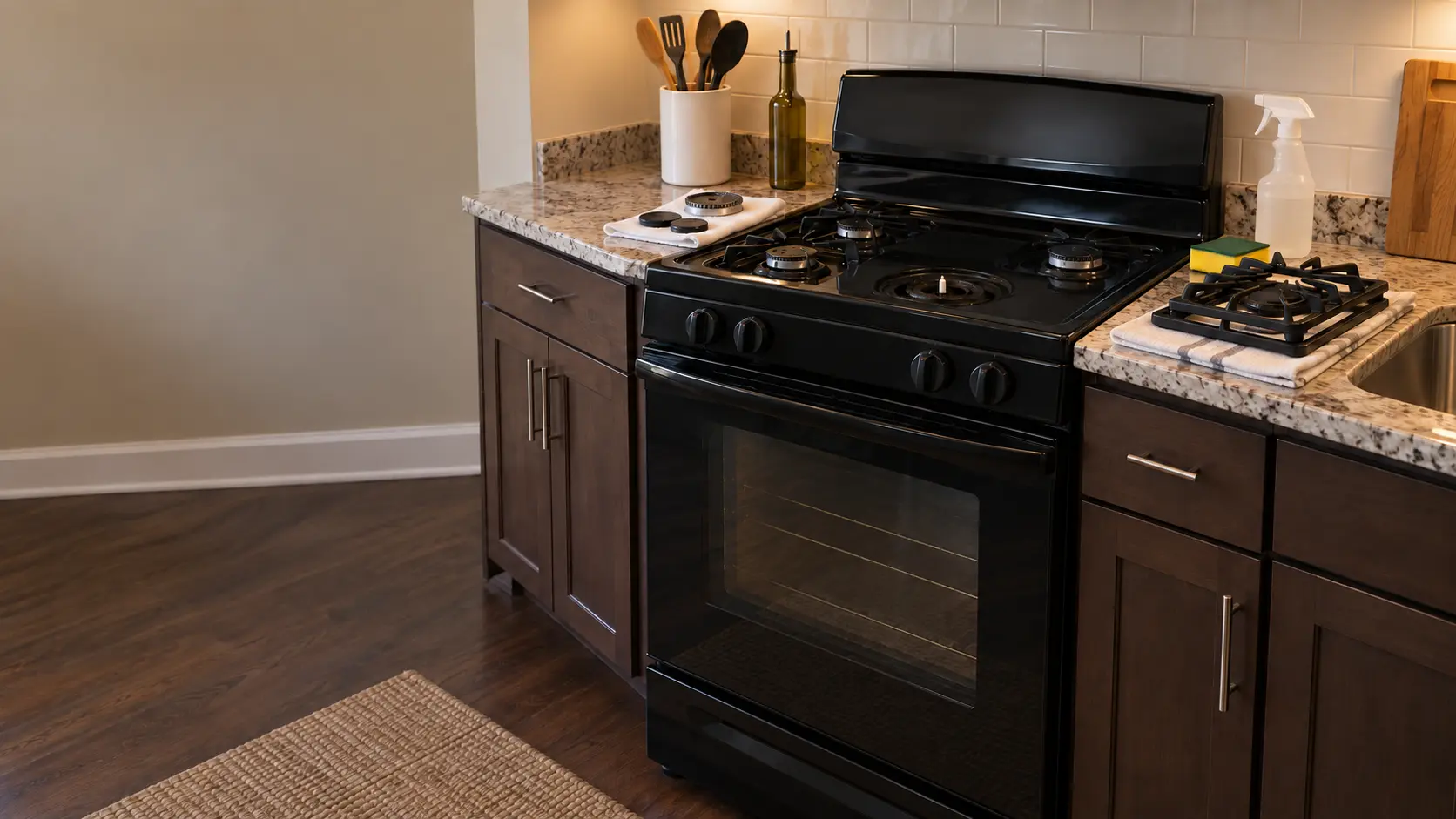A black gas stove in a lived-in US home kitchen with its grates stacked on a towel by the sink, one burner cap and head drying on a folded paper towel, the bare white igniter visible at that burner and a spray bottle and sponge beside it.