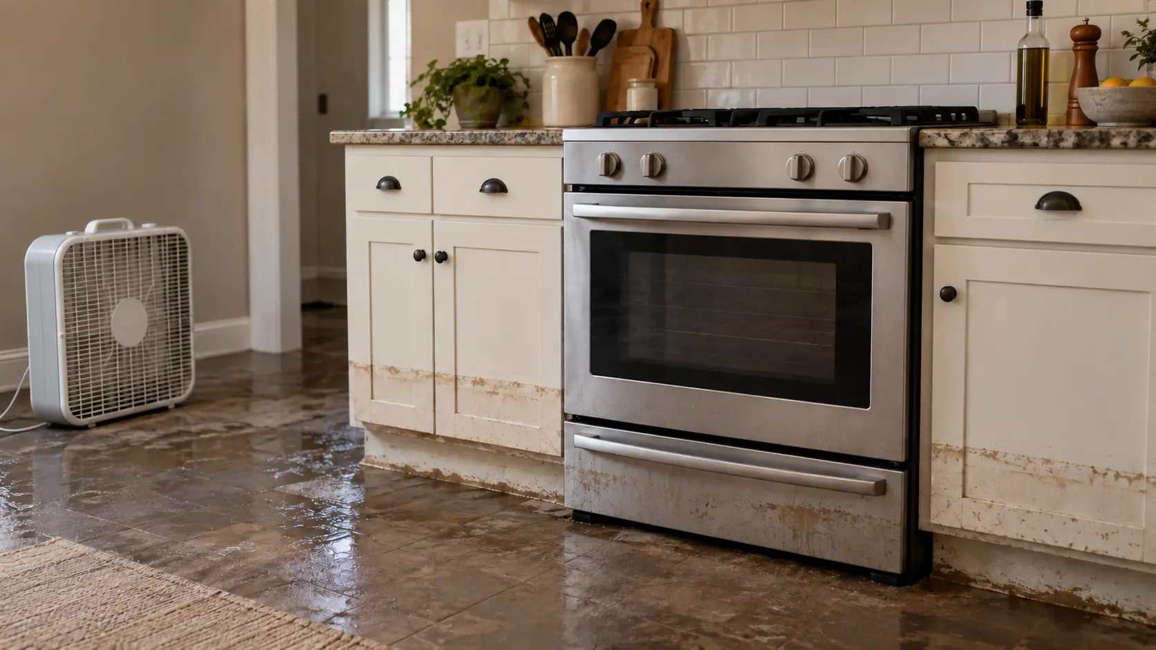 A freestanding stove in a lived-in US home kitchen the day after a flood, a faint muddy water line across its lower drawer and the cabinets beside it, the floor drying under a box fan and every knob turned to off, with nobody in the room.