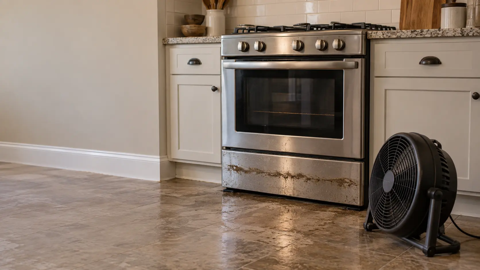 Close on a muddy water line across the bottom drawer of a stove, a fan drying the floor.