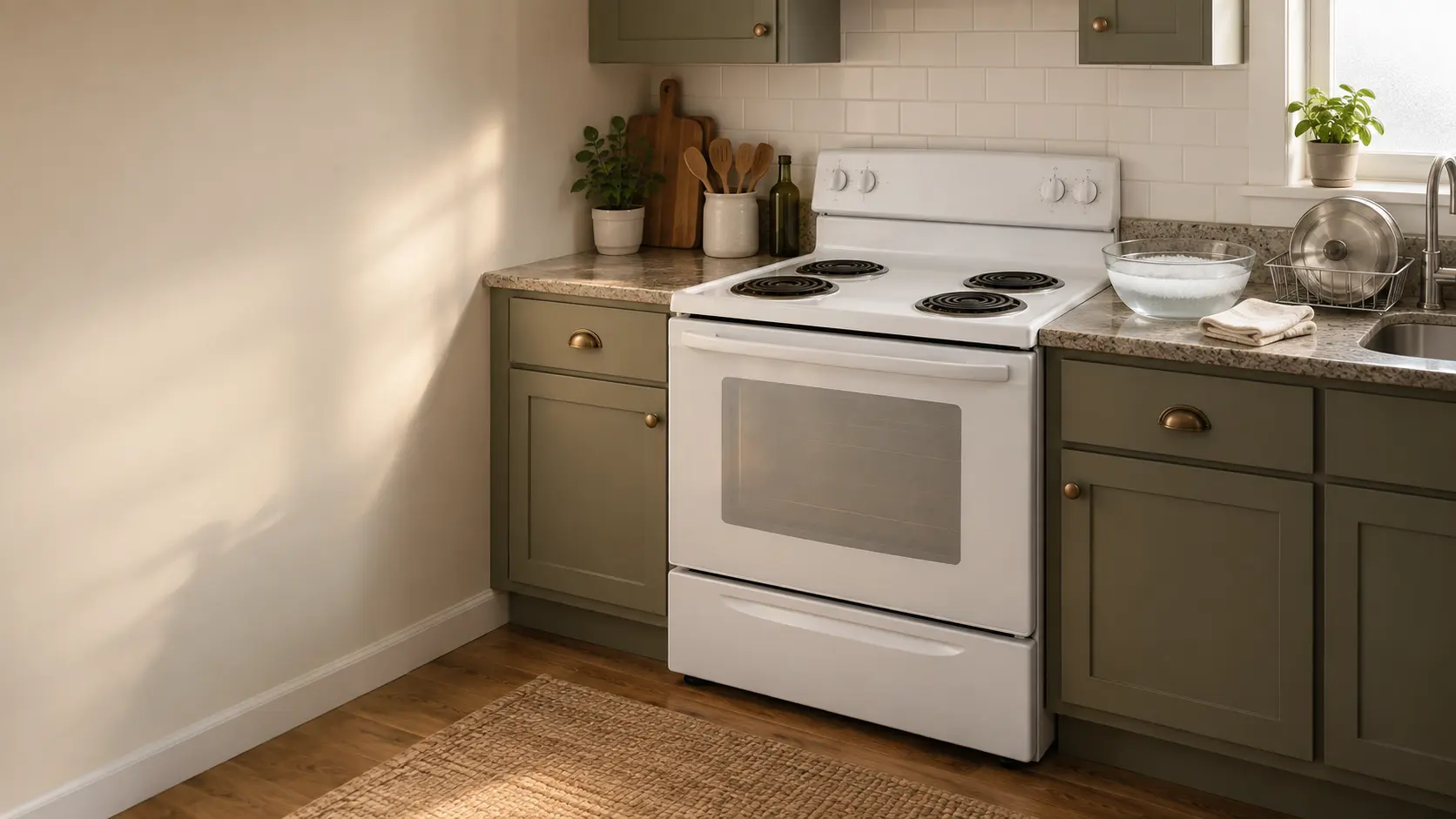 A white electric coil stove in a lived-in US home kitchen on a Sunday morning, two drip bowls drying on a dish rack by the sink, a bowl of soapy water and a folded cloth on the counter beside the stove, a potted herb on the windowsill.