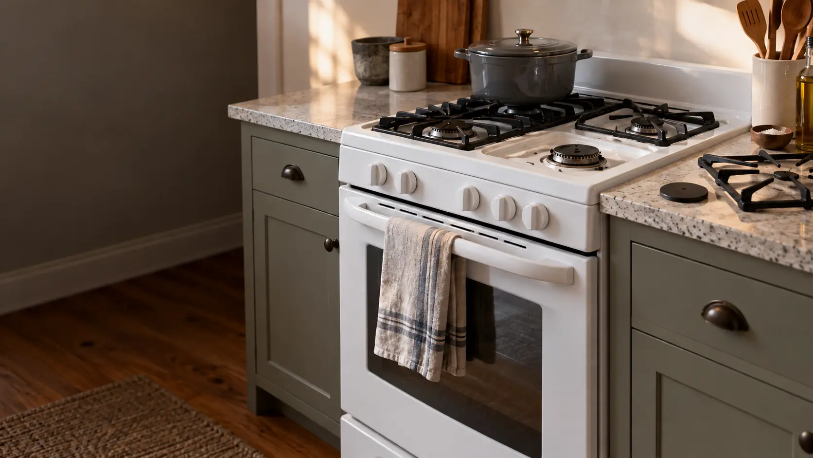 A white freestanding gas stove with worn cast-iron grates in a lived-in US home kitchen, one grate lifted aside and a burner cap resting on the counter next to a cooling pot, a dish towel on the oven handle, afternoon light from a side window.