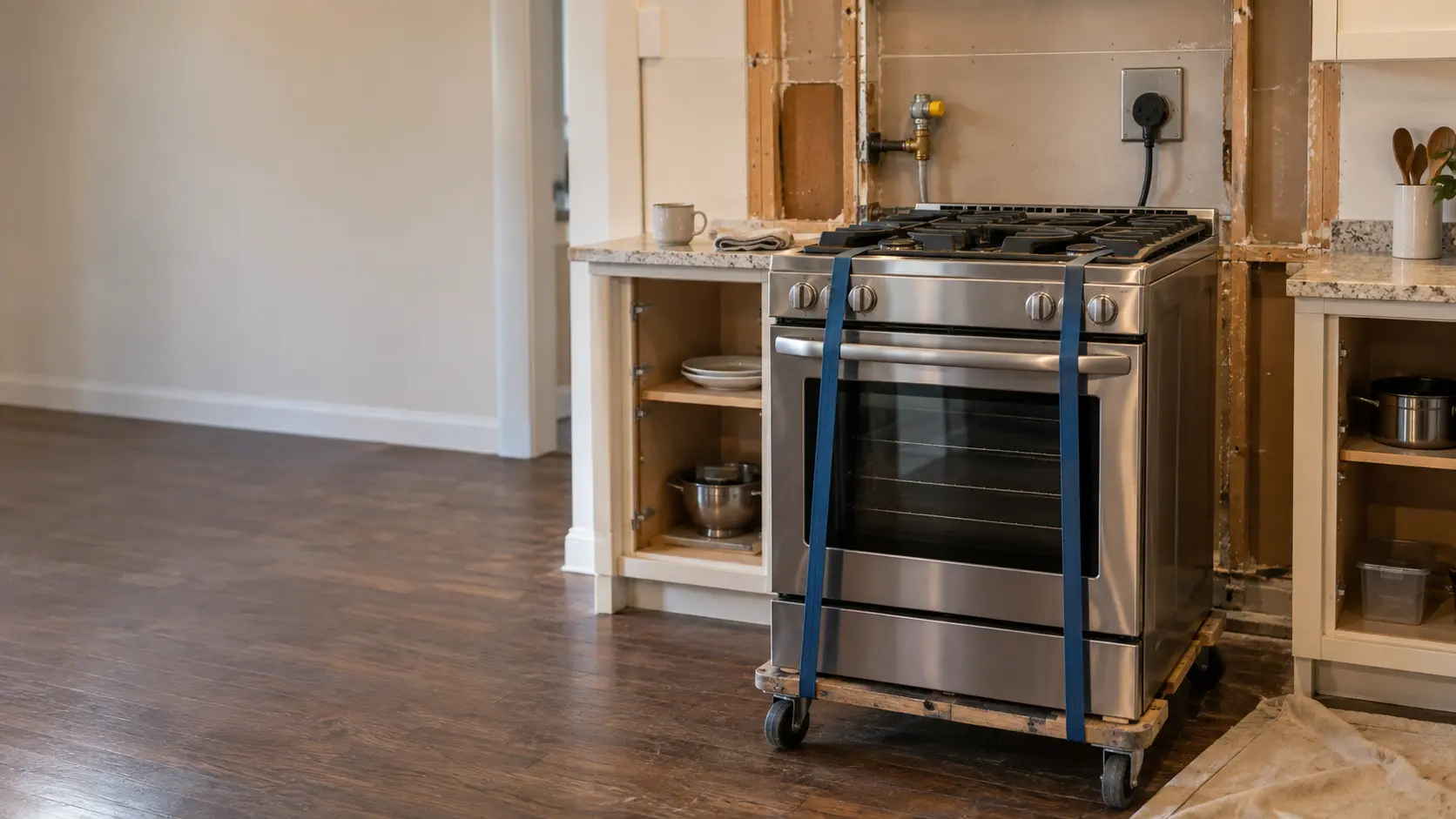 A kitchen mid-remodel in a US home, a new stainless freestanding stove still on its moving dolly in front of an open wall that shows a capped gas stub and a heavy electrical receptacle, cabinets without doors on either side, a coffee mug on the bare counter.