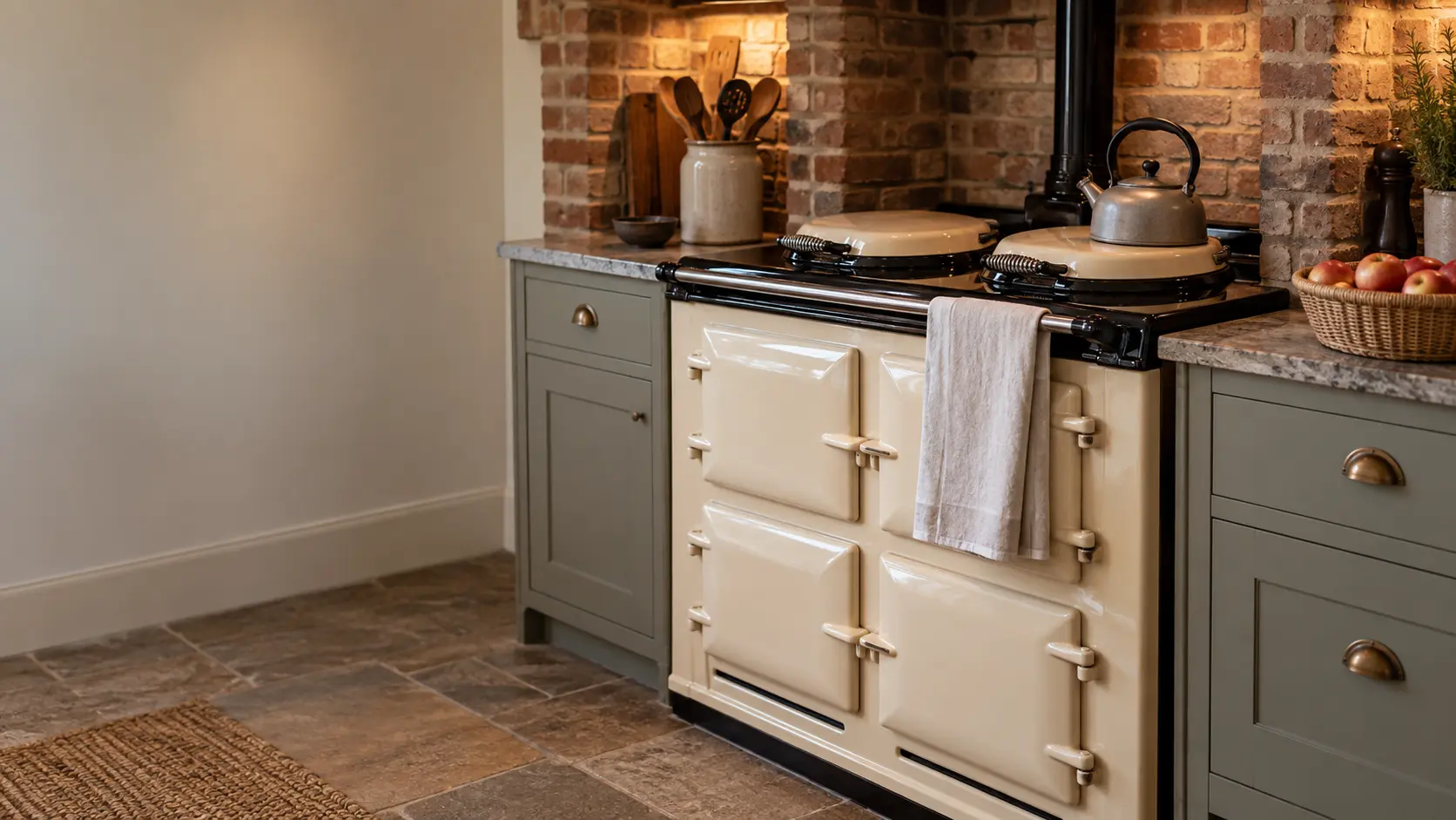 A cream enameled cast-iron heat-storage stove with two domed hotplate lids set into a brick alcove in a lived-in US farmhouse kitchen, a kettle on one lid, a folded towel over the rail and a basket of apples on the counter beside it.