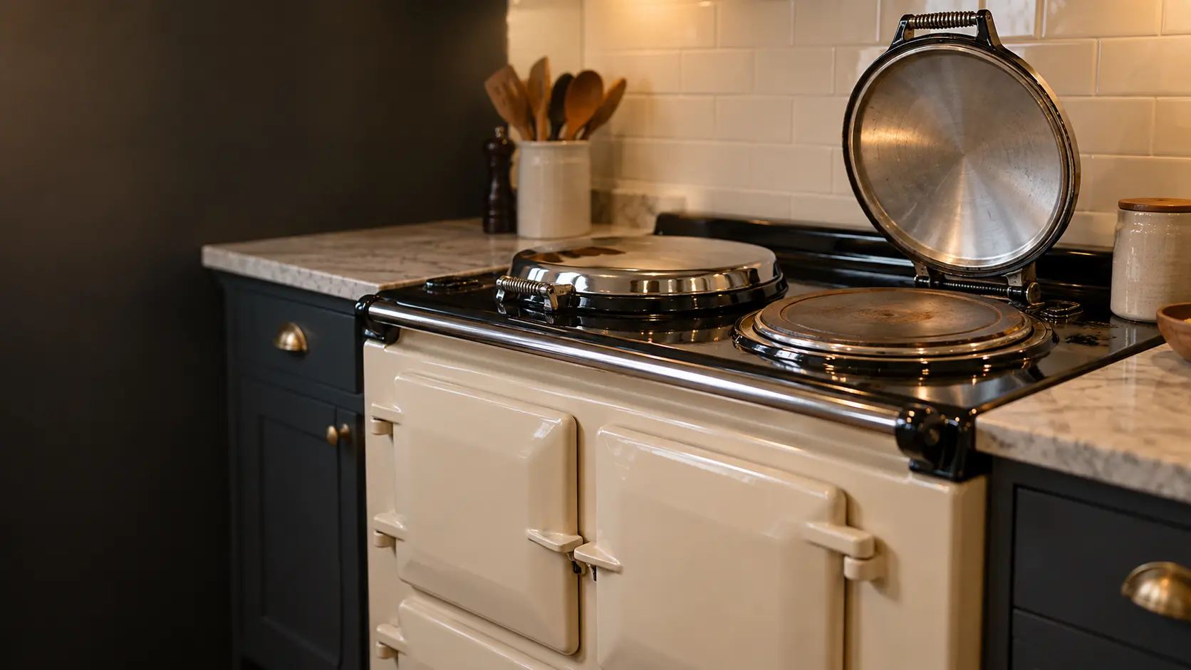 Close on the chrome hotplate lid of a cream cast-iron heritage stove lifted open, the warm plate beneath.
