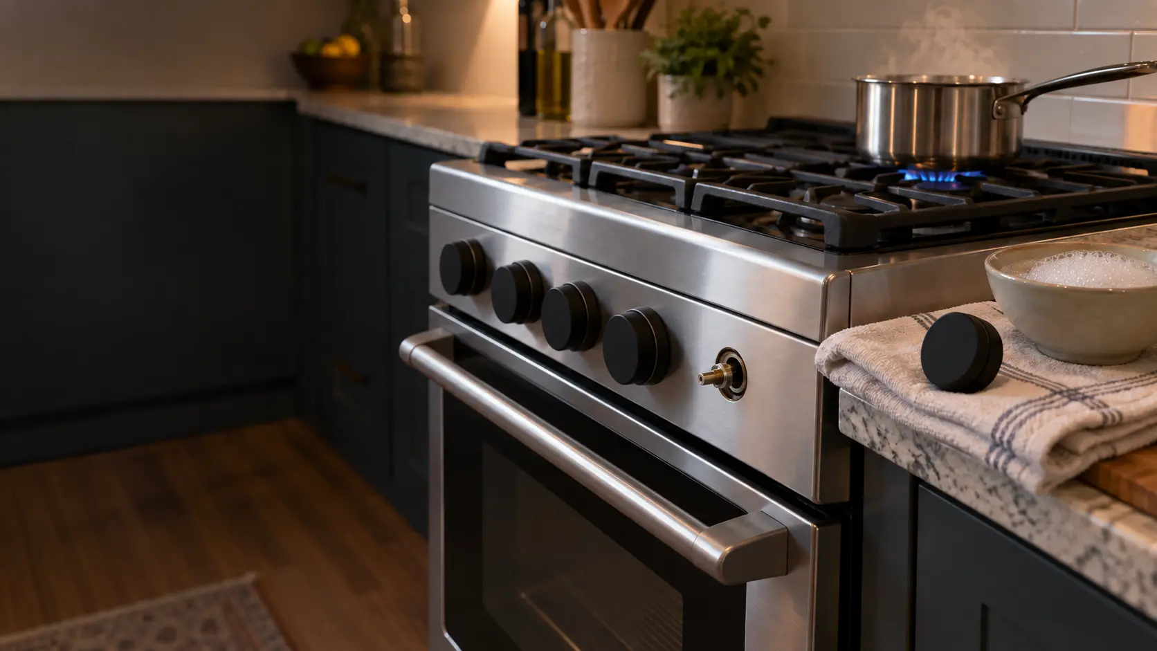Close view of the front of a stainless gas stove in a lived-in US home kitchen, one plain black knob pulled off and resting on a folded towel beside a small bowl of soapy water, the bare metal shaft visible on the panel, a pot simmering on a back burner.