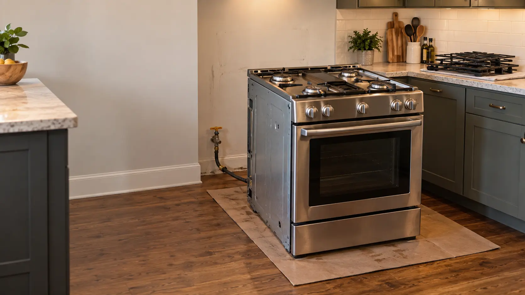 A freestanding stove pulled a couple of feet out from the wall of a lived-in US home kitchen onto a sheet of hardboard, its grates and oven racks stacked neatly on the counter, the bare wall behind showing a gas shutoff valve near the floor.