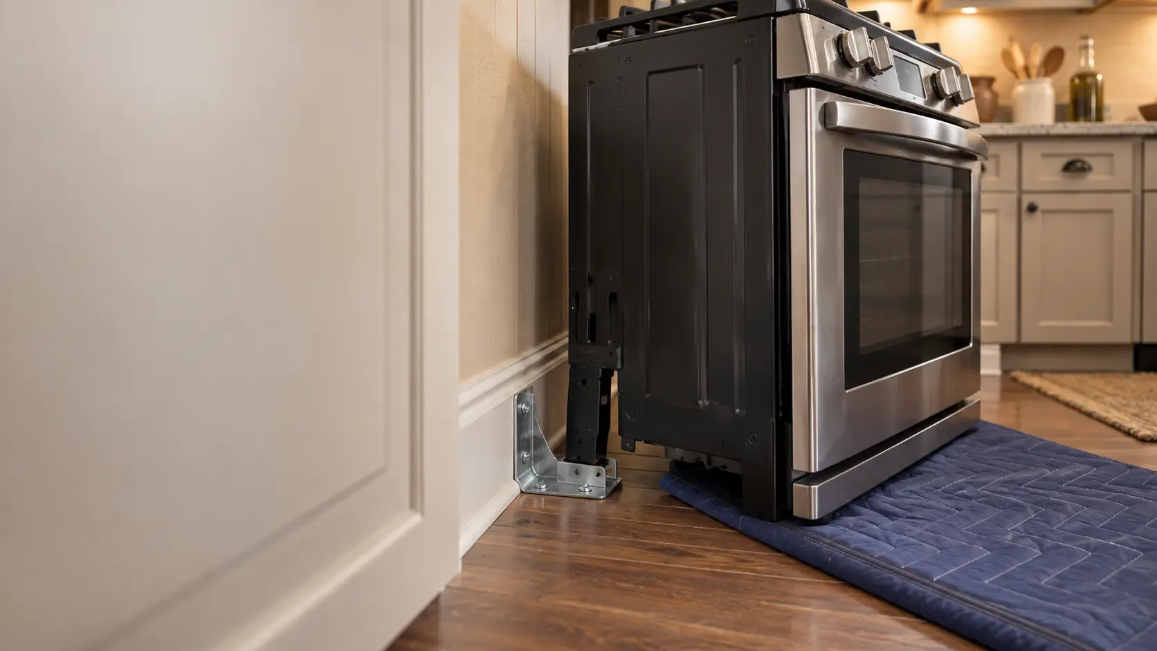 Close on the anti-tip bracket screwed to the floor behind a stove's back leg, the stove eased forward on a moving pad.