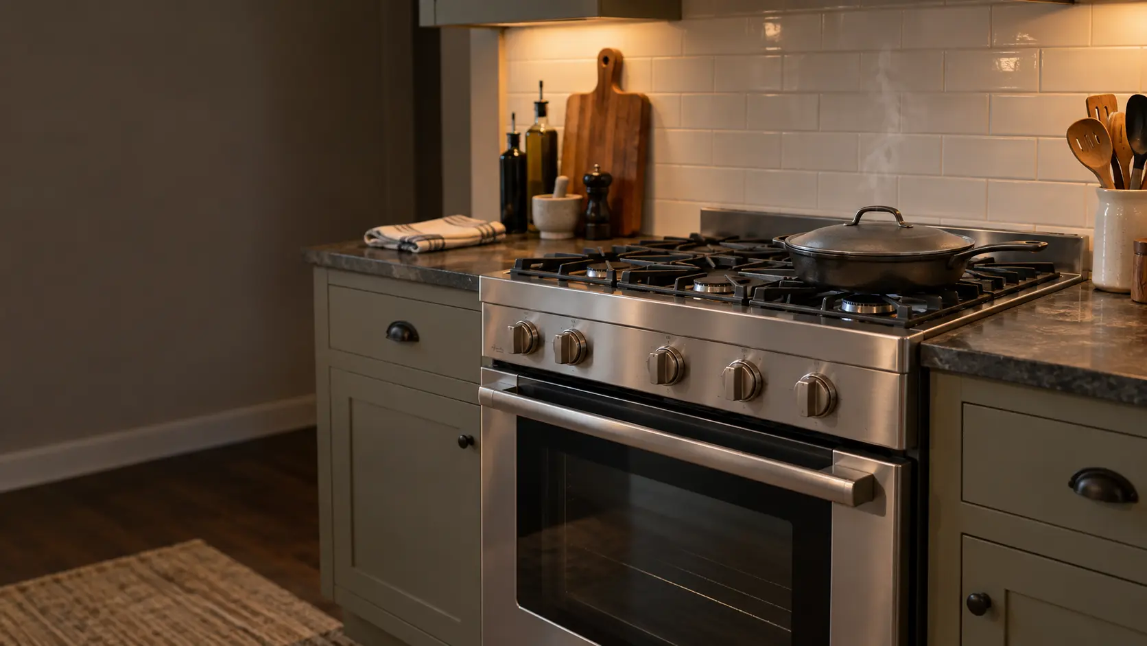 A gas stove in a lived-in US home kitchen just after a small pan fire, a dark skillet sitting under a closed lid on a burner that is switched off, a thin trace of smoke drifting toward the ceiling and nobody at the stove.