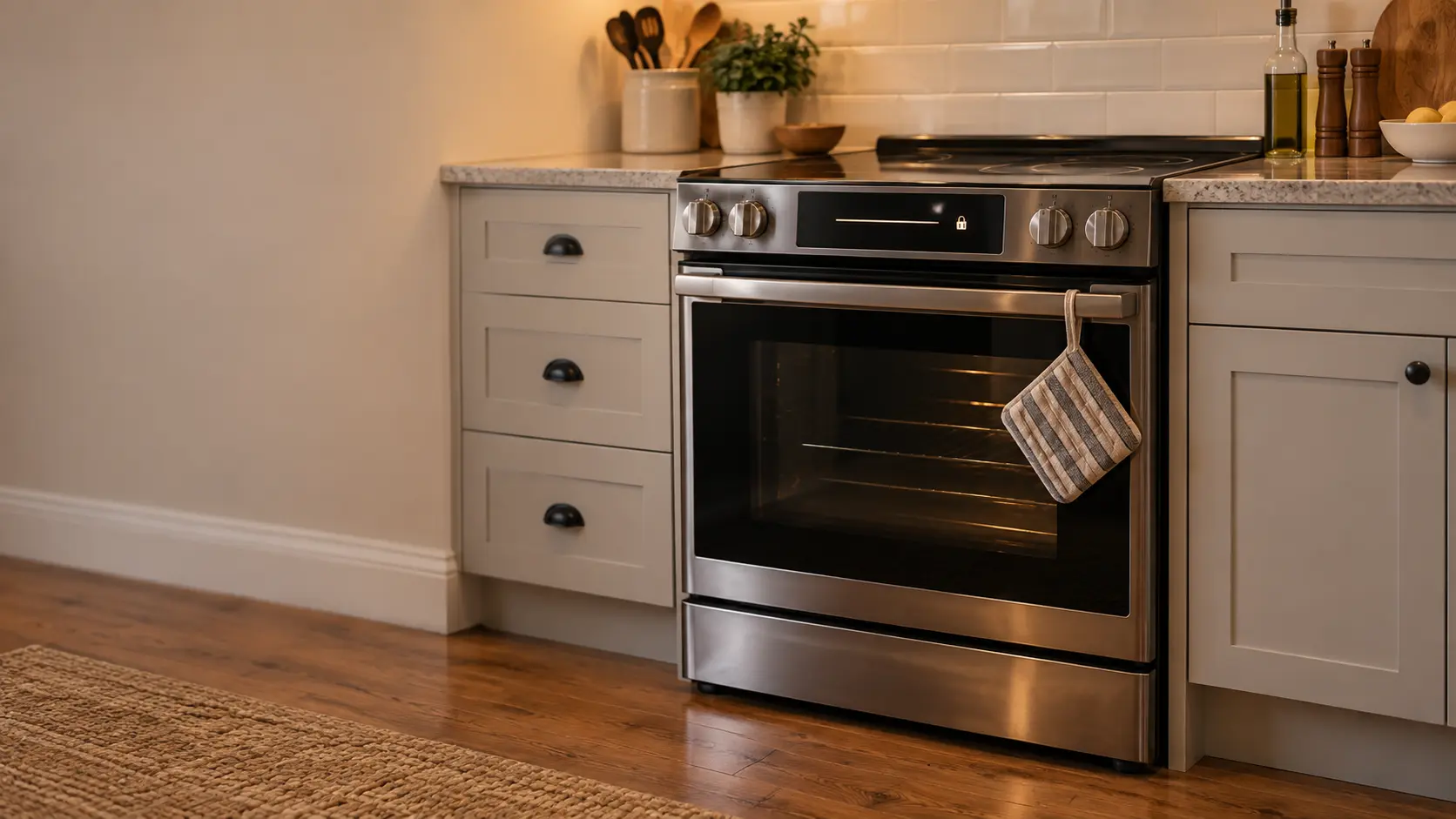 A slide-in stove with a smooth black glass top in a lived-in US home kitchen, seen at eye level from the kitchen floor, its control panel lit with a few blank glowing segments and a small padlock-shaped light, a pot holder hanging from the oven handle.