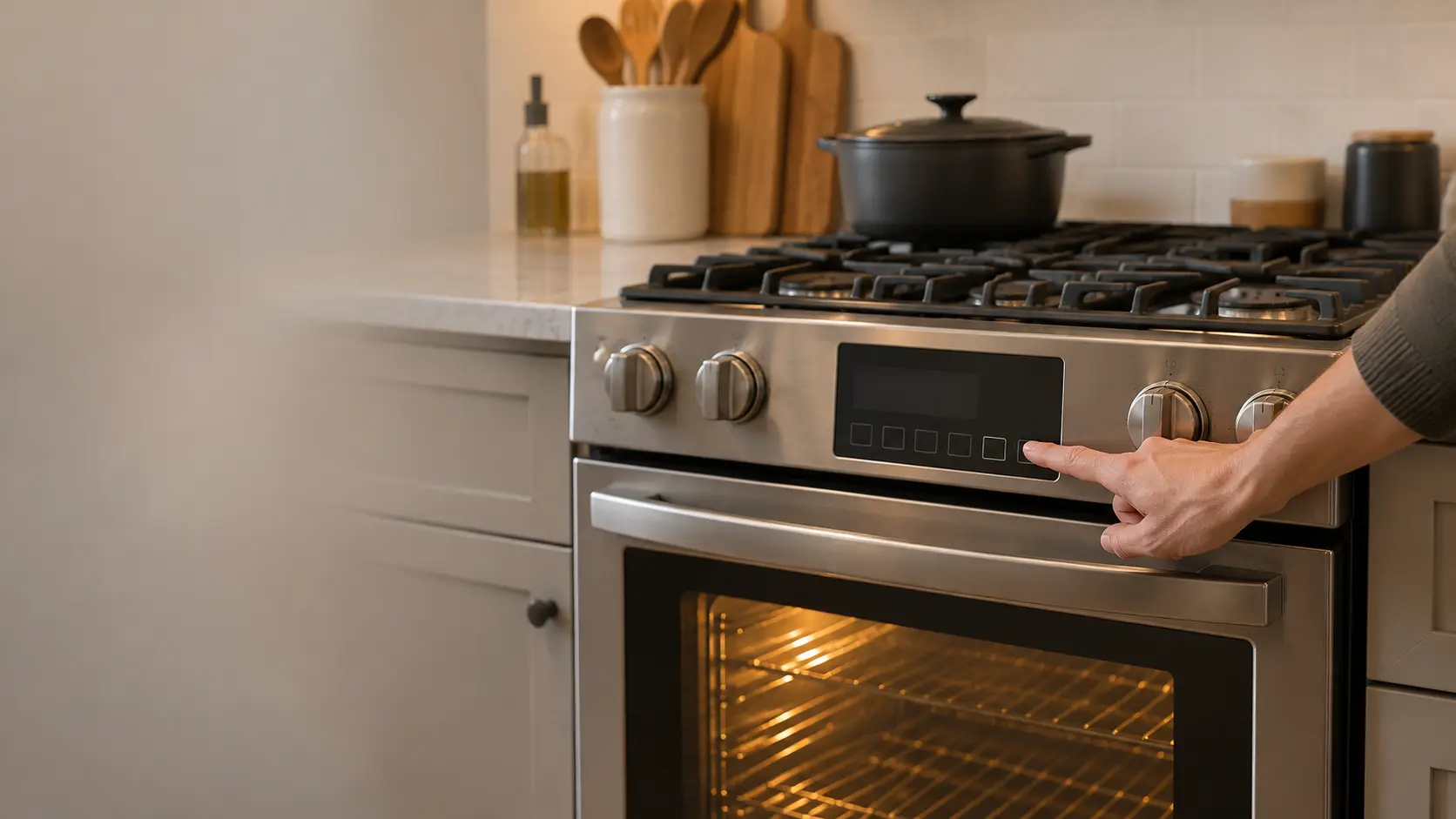 Close on a finger resting beside the blank display keys of a stove, the oven light glowing below.