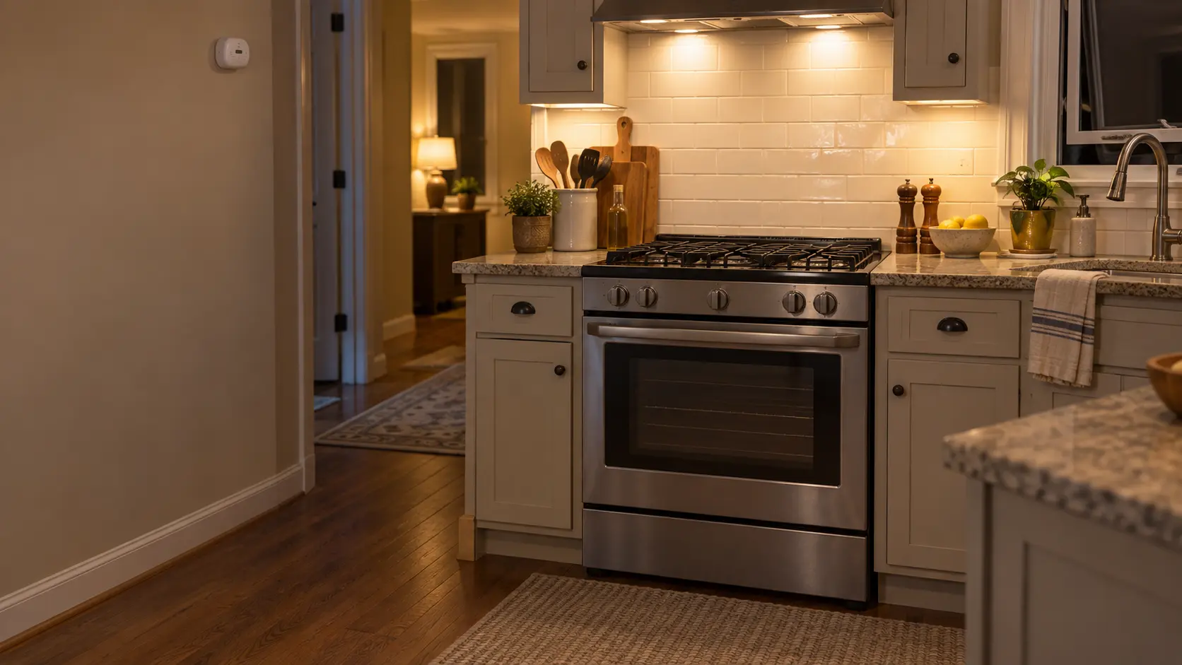 A gas stove in a quiet, lived-in US home kitchen at night with every burner off and the oven door shut, a plain white carbon monoxide alarm mounted on the hallway wall beyond, and a window above the sink opened a few inches.