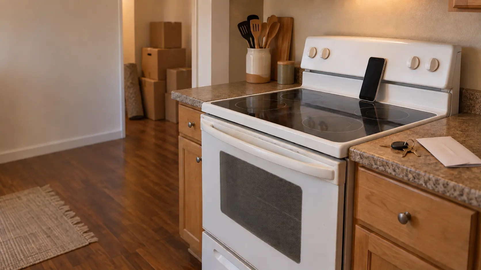 An older white freestanding electric stove in a lived-in US apartment kitchen, a phone propped against the backsplash photographing the smooth glass top, a set of keys and a folded lease envelope on the counter beside it, moving boxes stacked in the doorway behind.