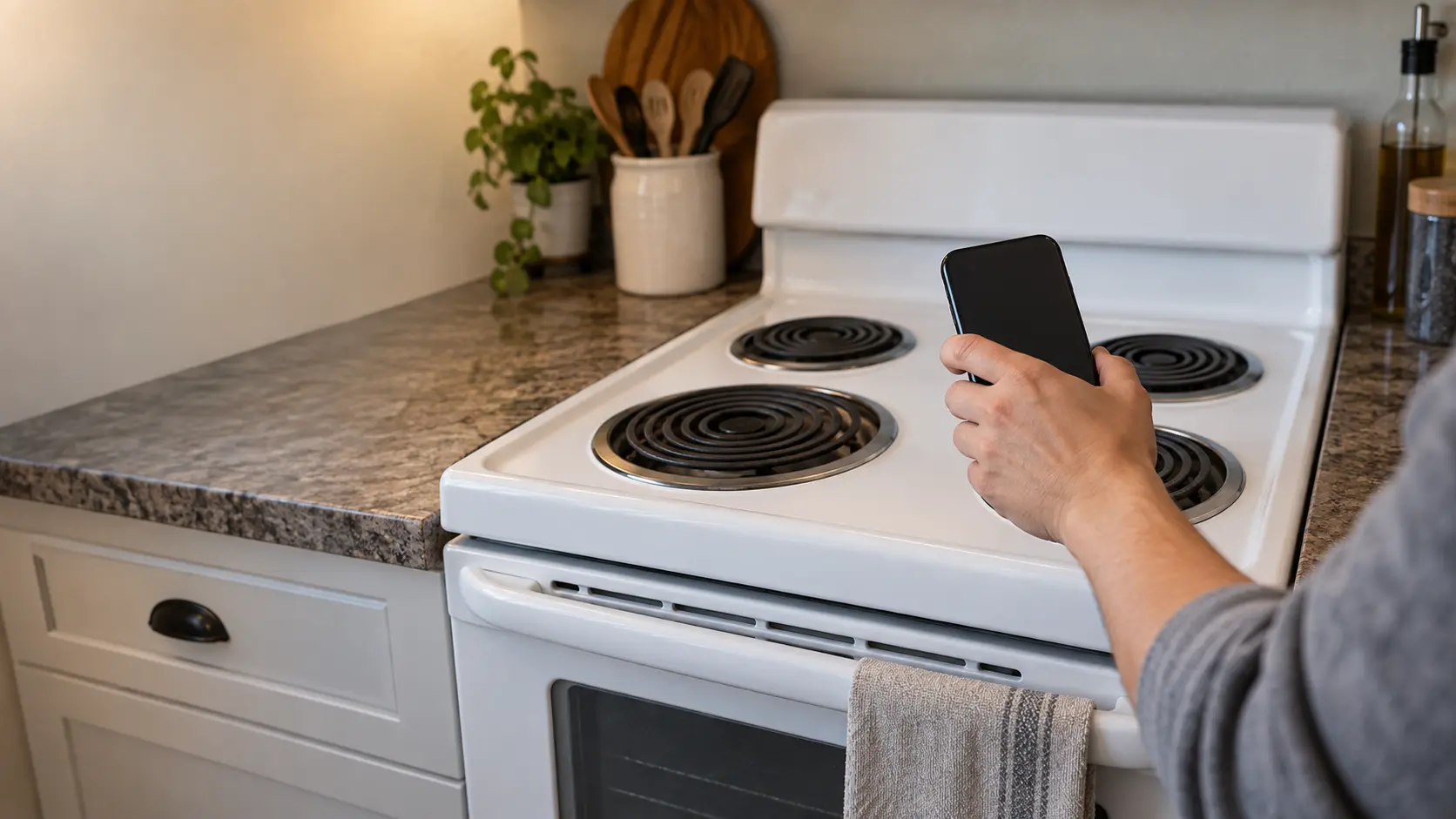 Close on a tenant's hand holding a phone to photograph a dark coil burner on an older white stove, the screen facing away.