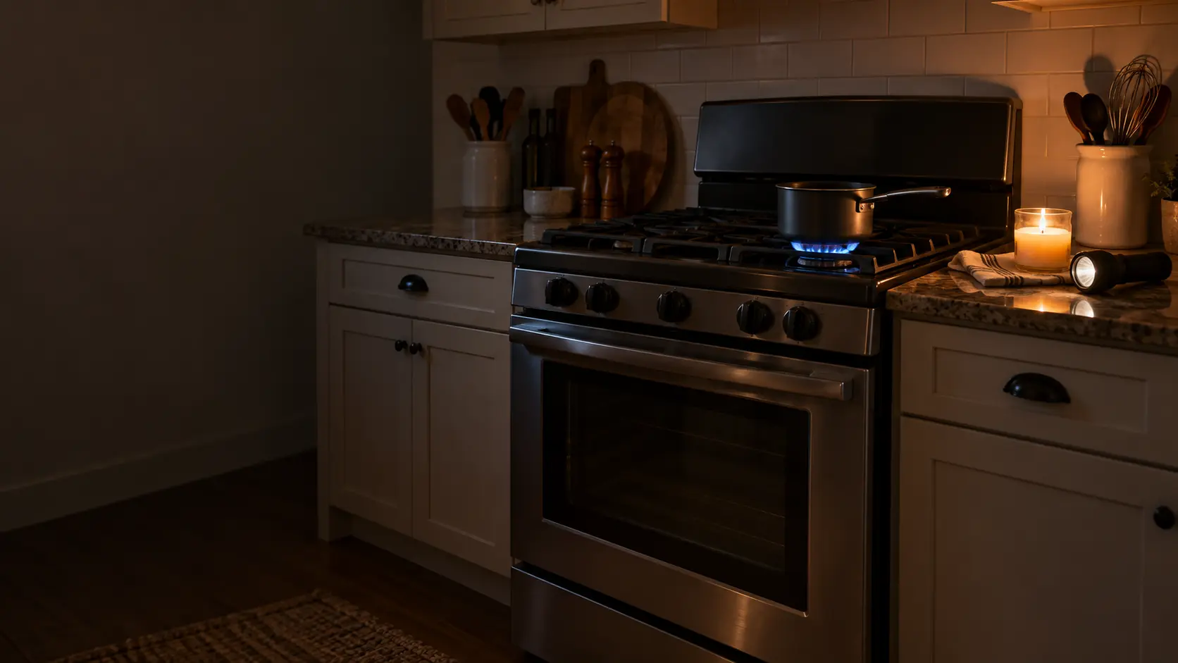 A gas stove in a lived-in US home kitchen during an evening power outage, one front burner lit with a low blue flame under a small pot, a lit candle in a glass jar and a flashlight on the counter, the control panel dark.