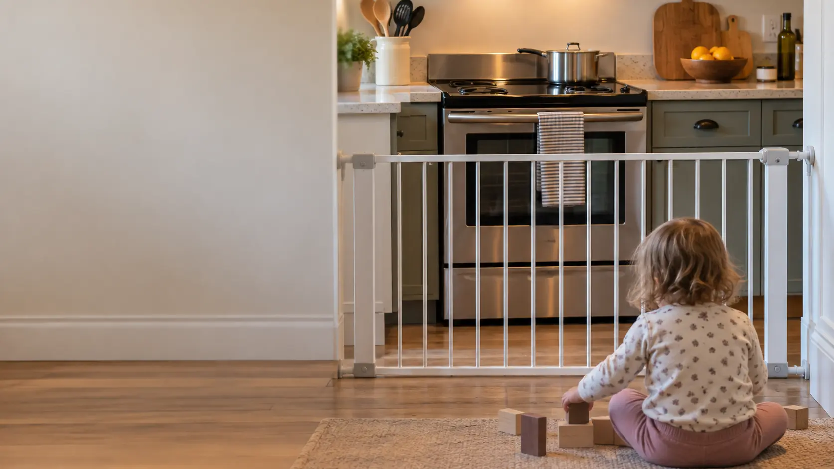 A freestanding electric stove in a lived-in US family kitchen, a pot on a back burner with its handle turned inward, and a toddler playing with blocks on the floor behind a low safety gate a few feet away.