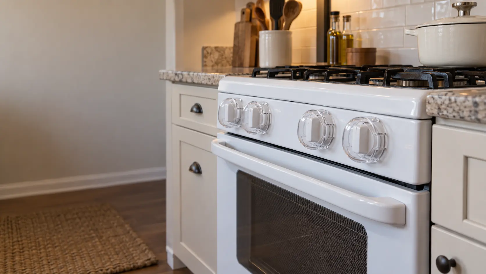 Close on stove knob covers fitted over the front knobs of a white stove.