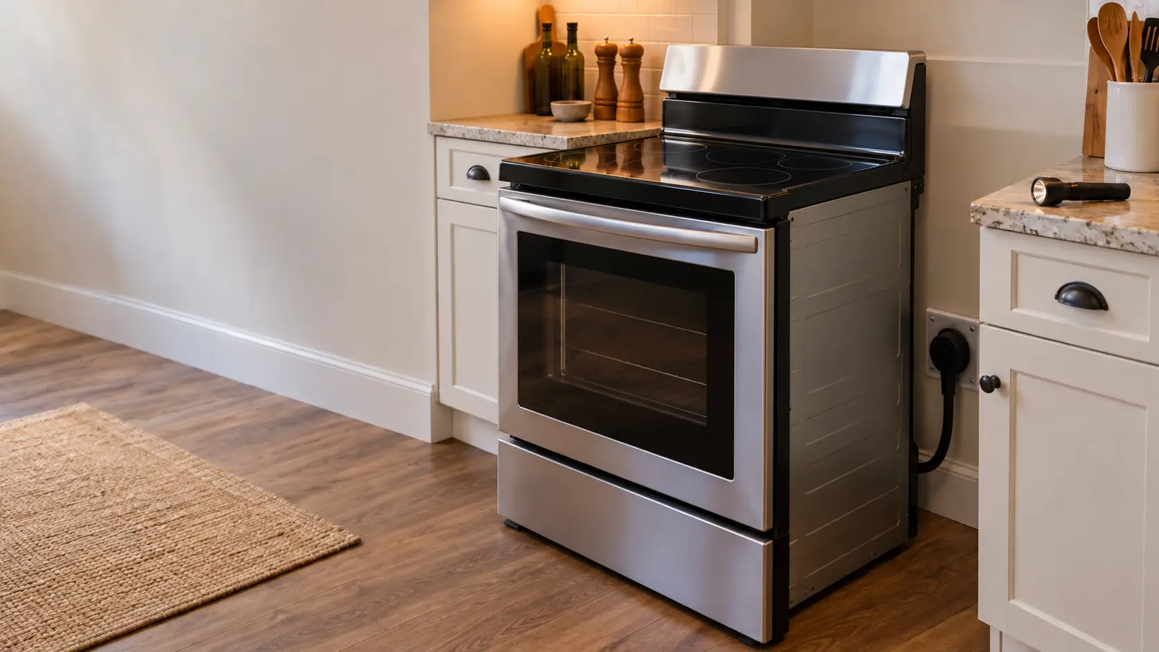 An electric stove eased a few inches out from the wall of a lived-in US home kitchen, a flashlight lying on the counter, and behind it at floor level a clean four-slot wall outlet with the stove's heavy cord plugged in and looped loosely.
